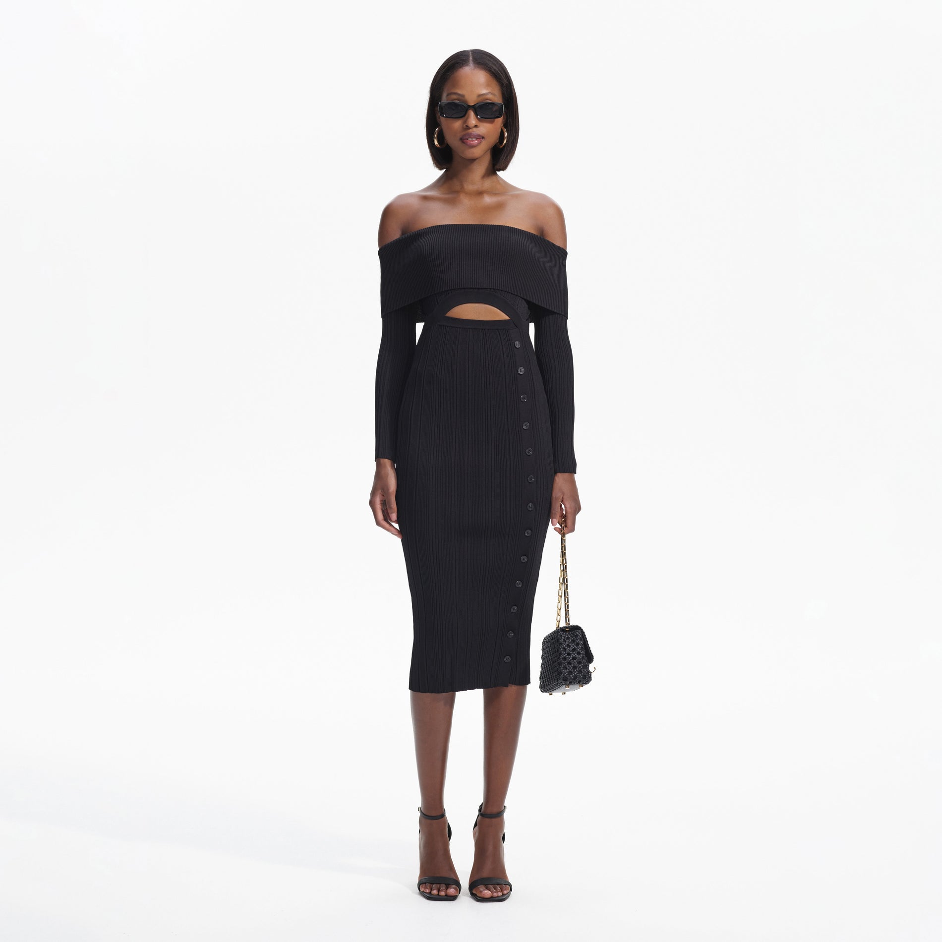 Black Off Shoulder Knit Midi Dress