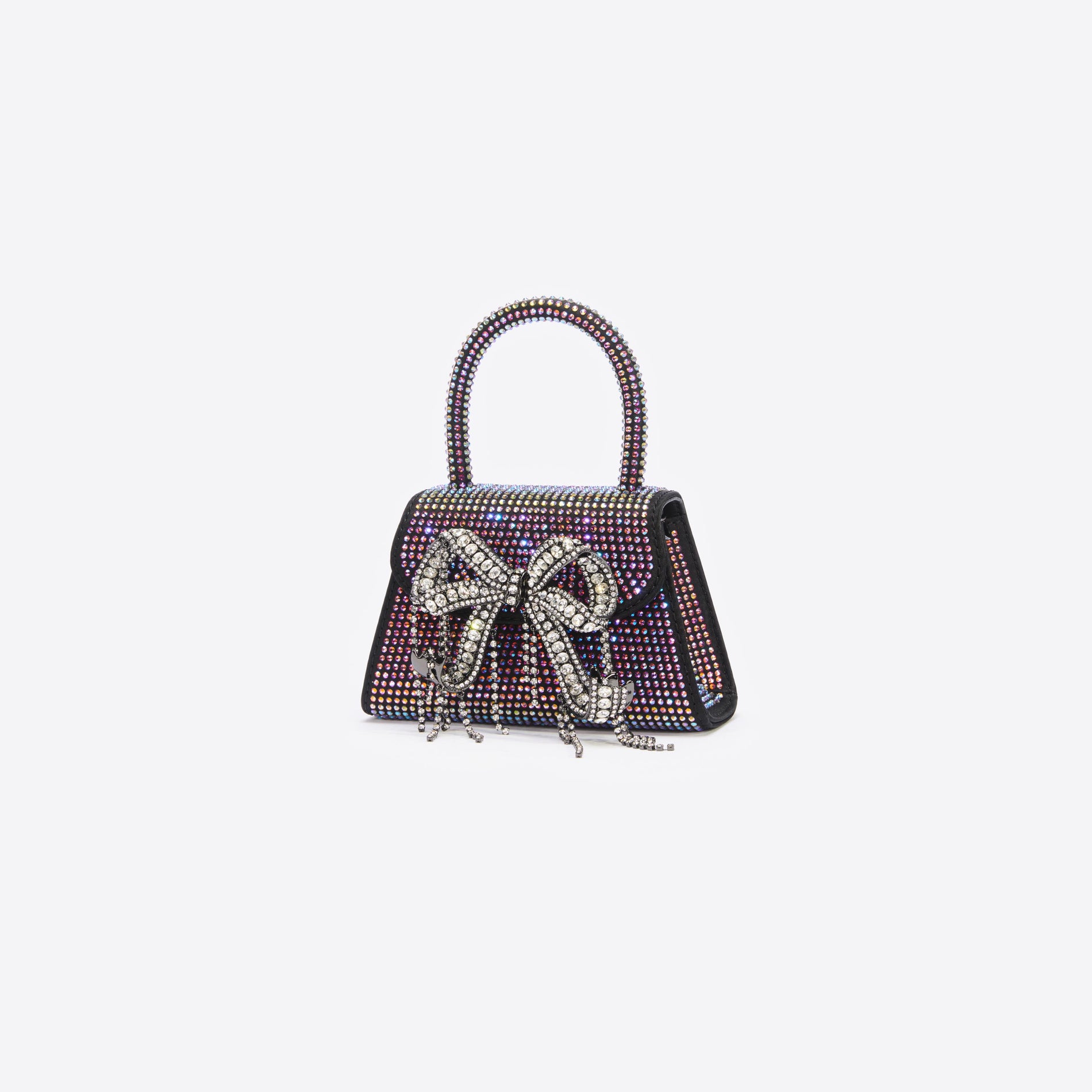 Side view of a woman wearing the Black Satin Rhinestone Micro Bow Bag