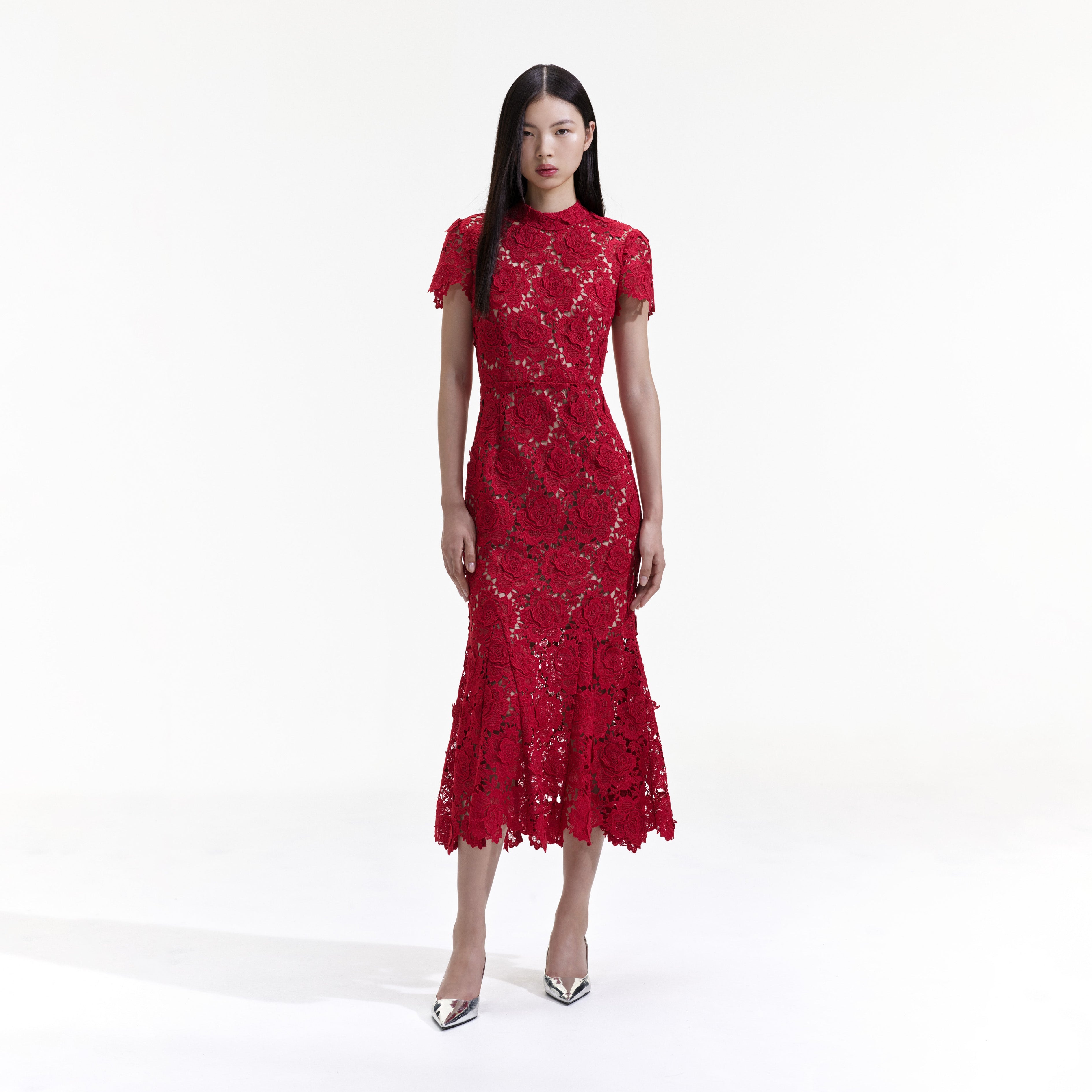 Red Flower Lace Midi Dress