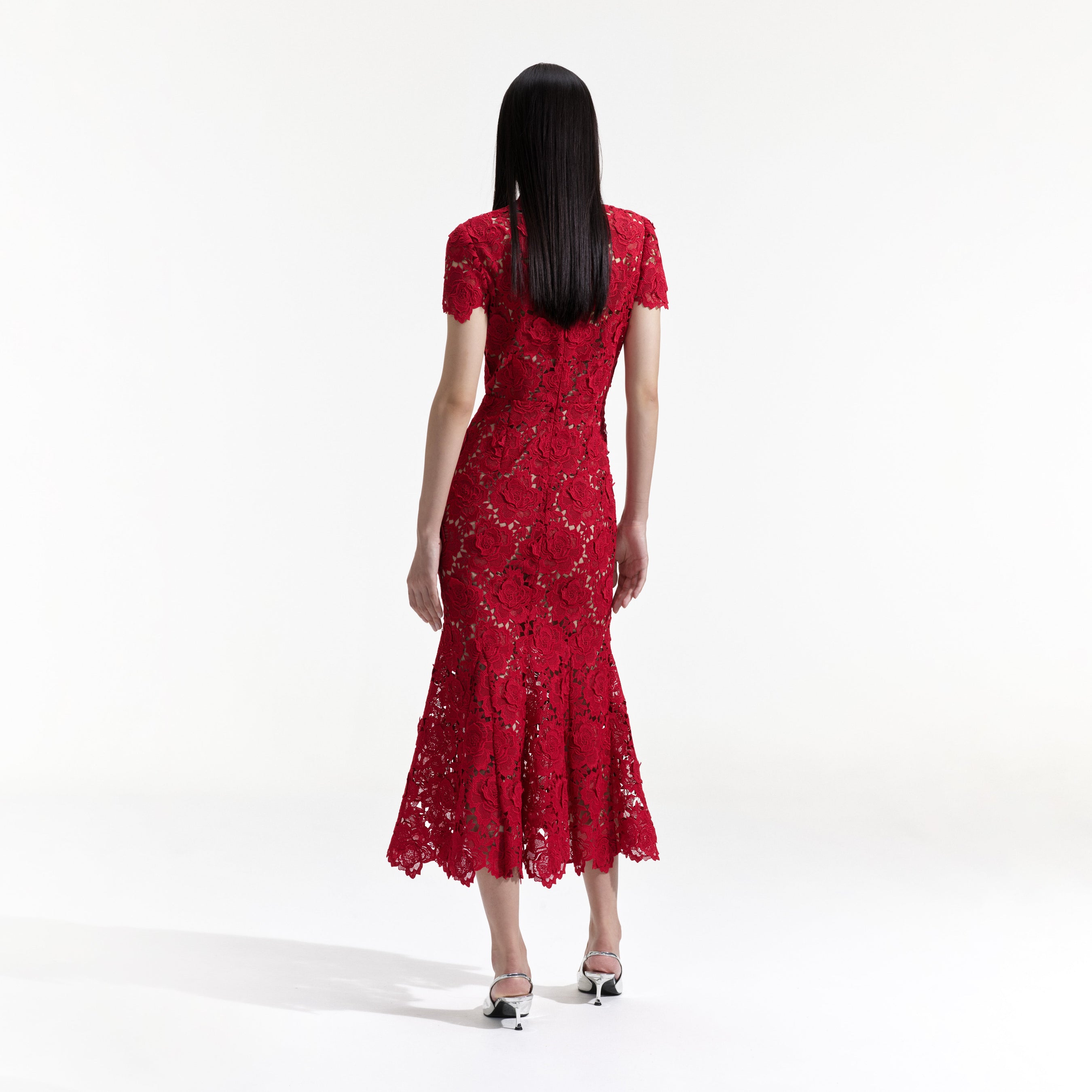 Red Flower Lace Midi Dress