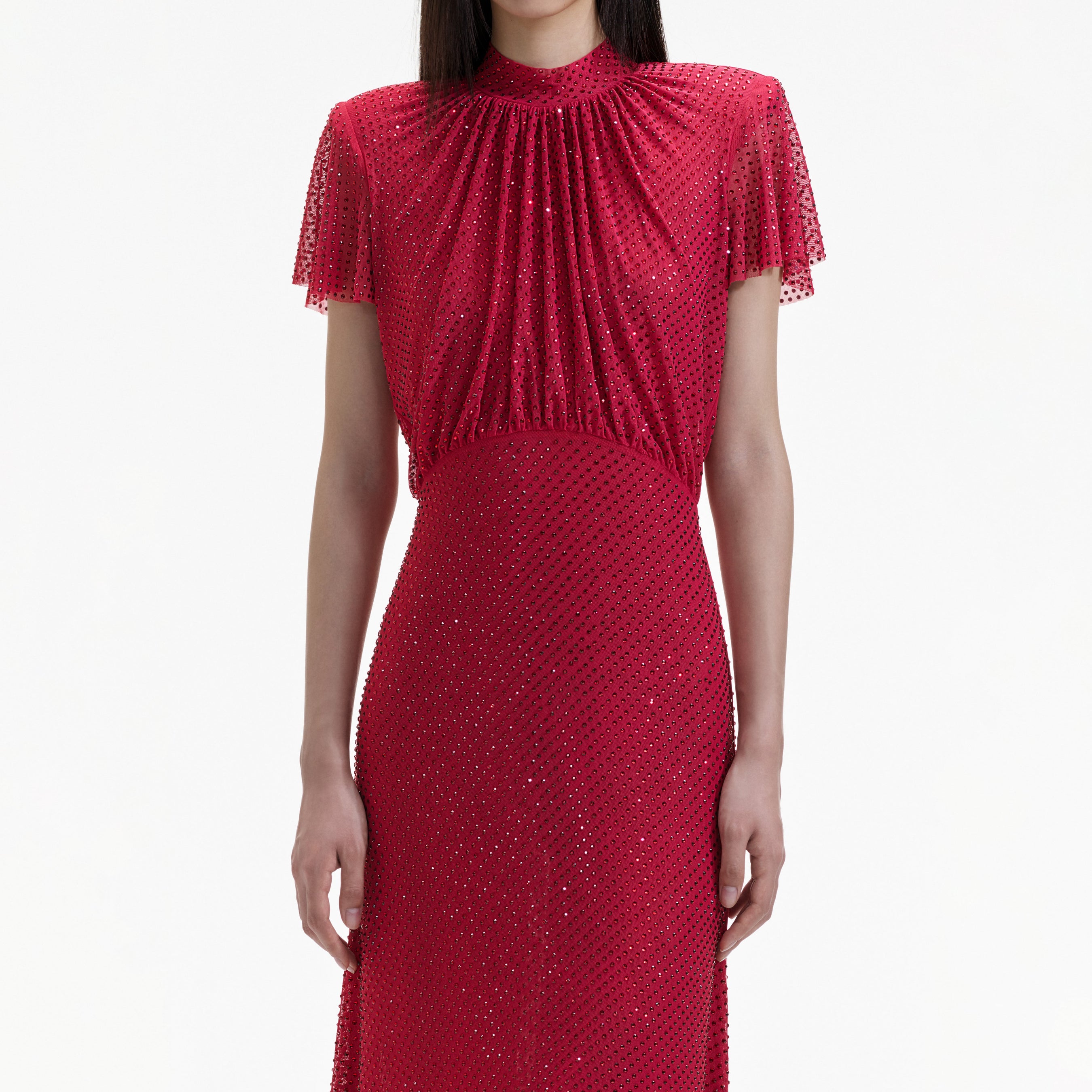 Red Rhinestone Mesh Midi Dress