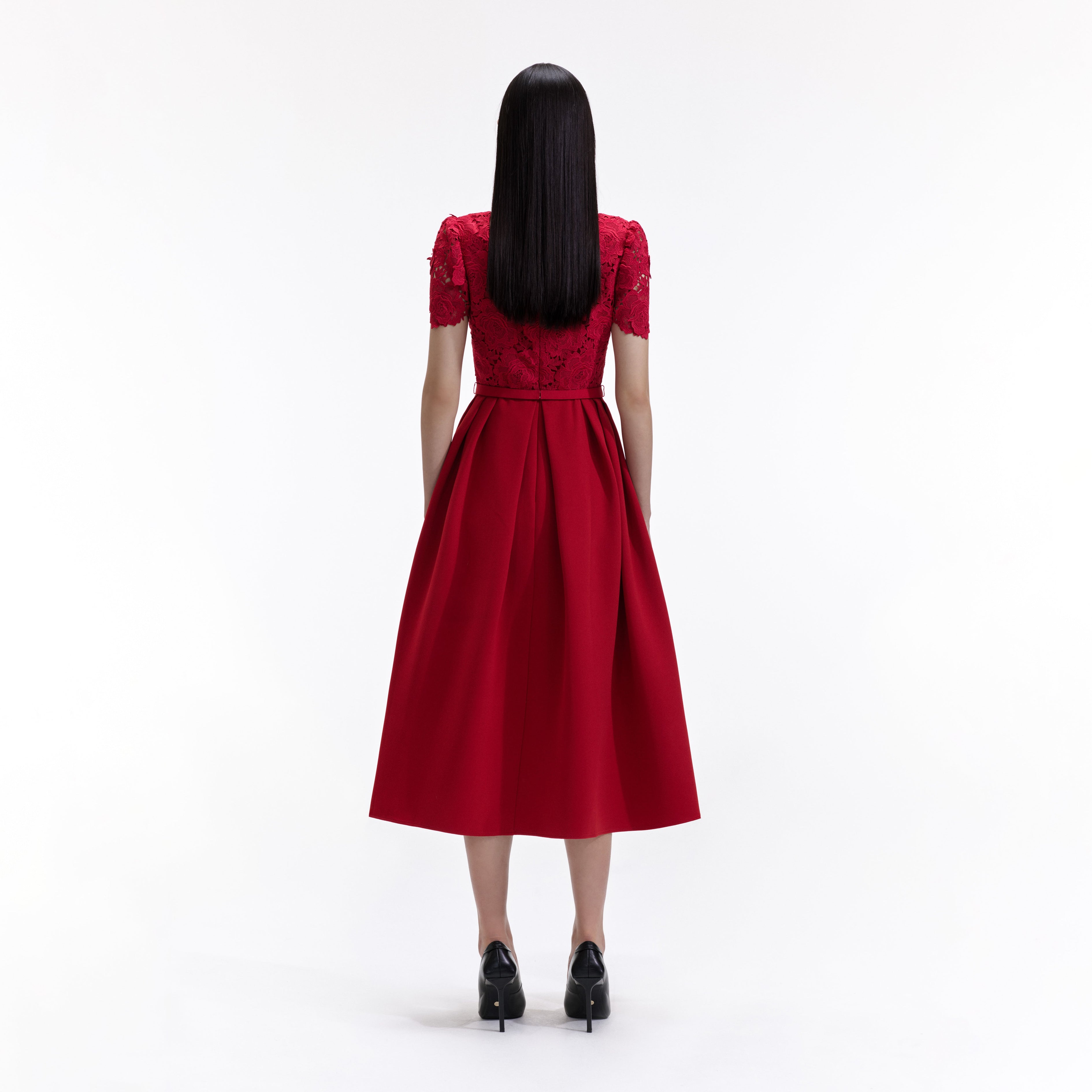 Red Lace Crepe Midi Dress