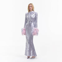 Lilac Sequin Feather Maxi Dress