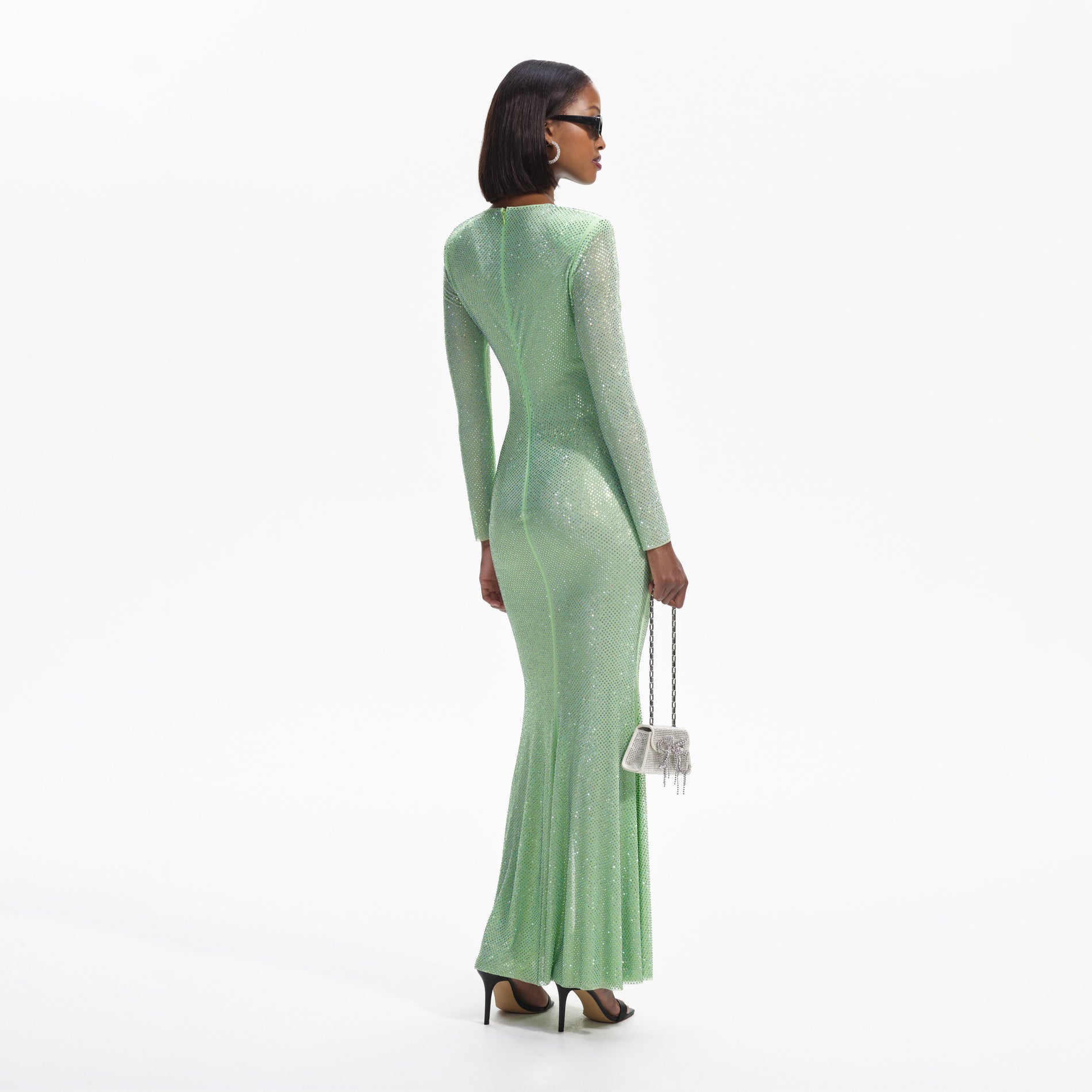 Green Rhinestone Mesh Maxi Dress