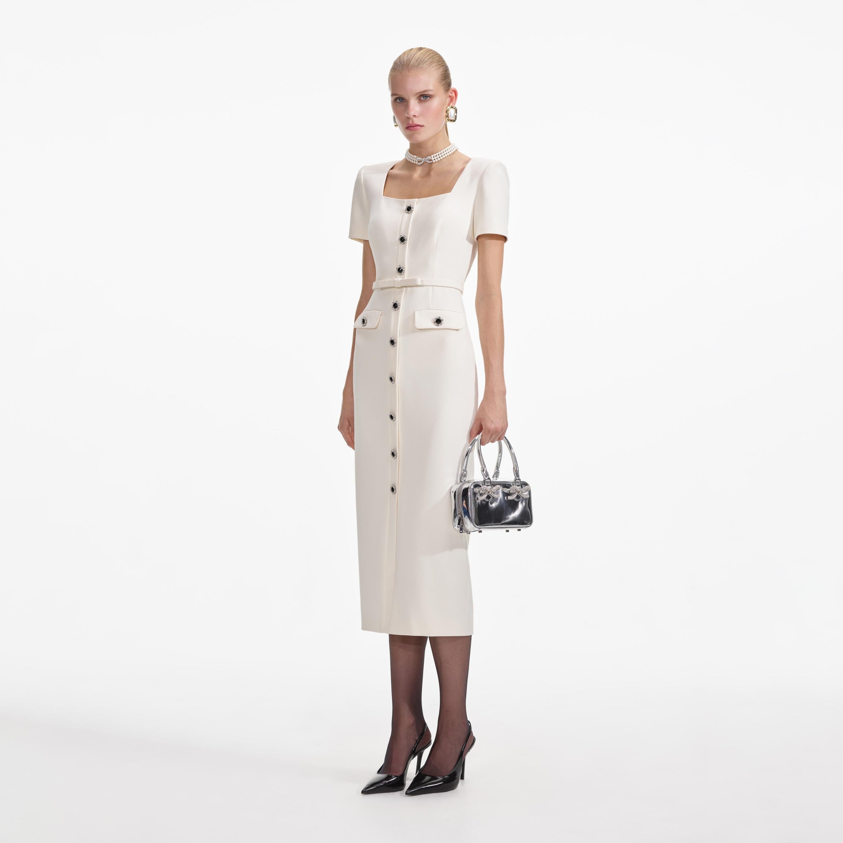 Cream Crepe Button Midi Dress