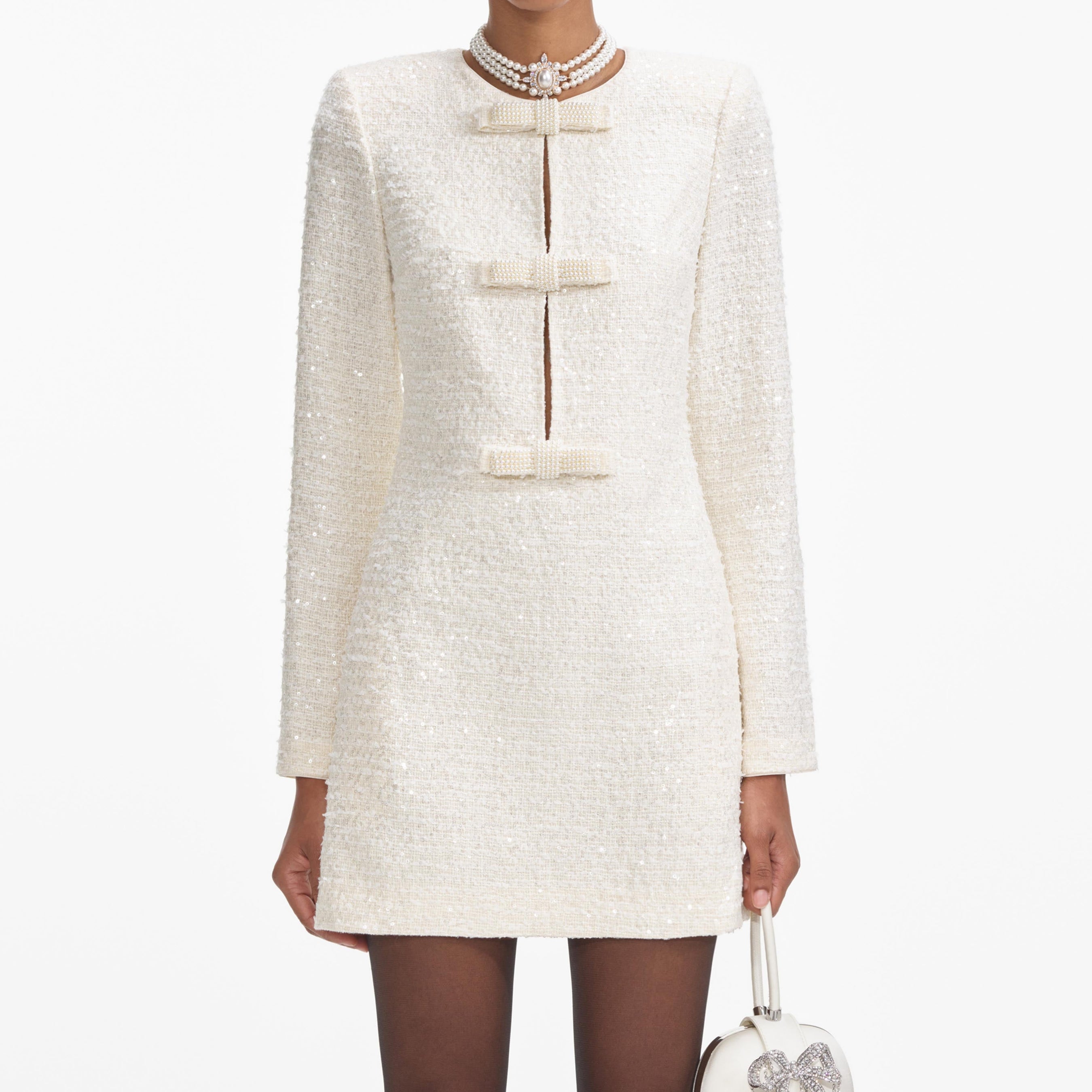 Cream Boucle Diamante Bow Mini Dress