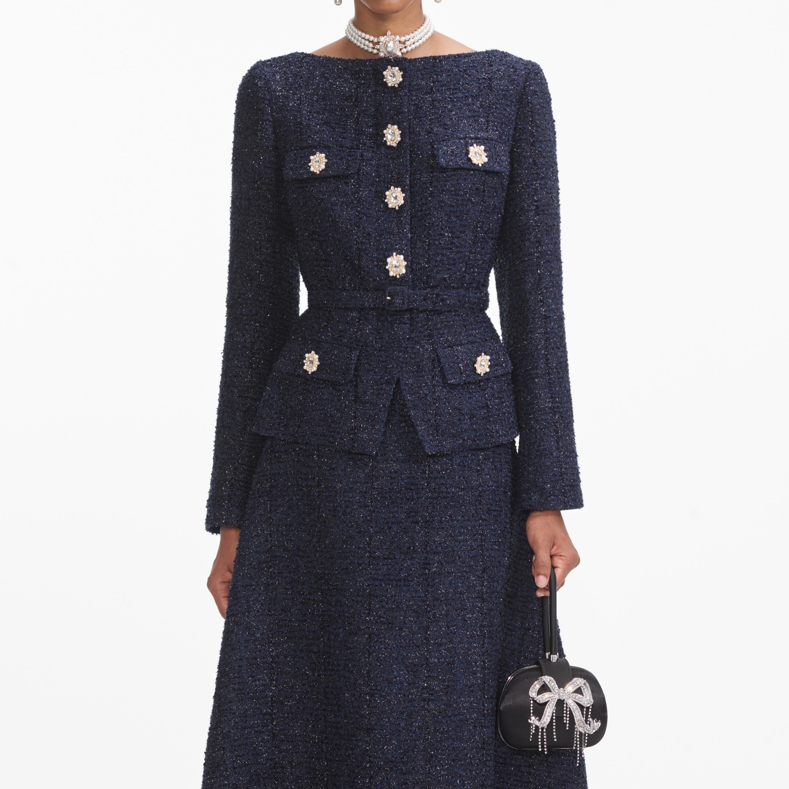 Navy Metallic Boucle Midi Dress