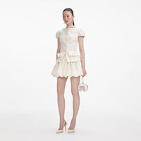 Cream Boucle Bow Detail Mini Dress