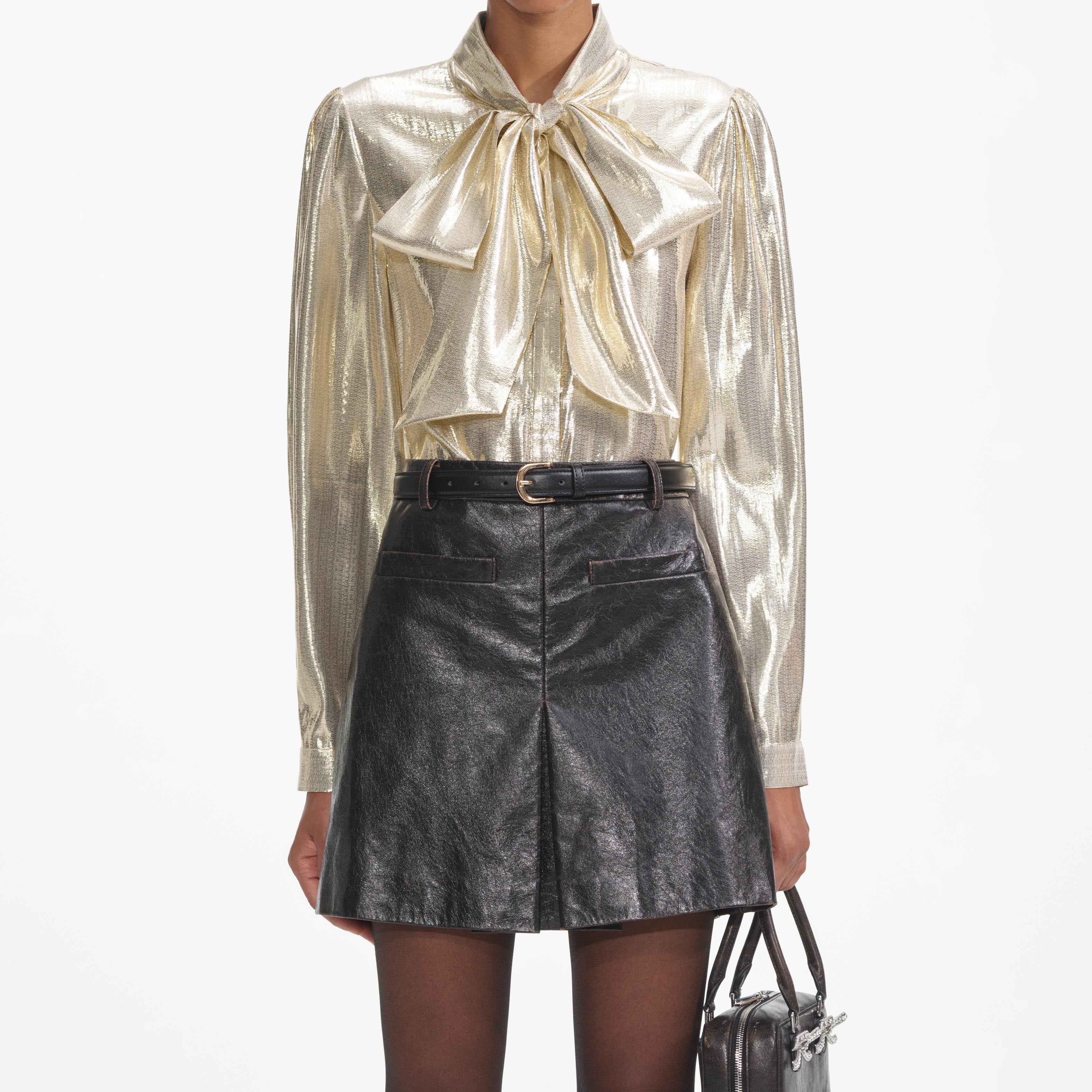 Gold Metallic Tie Neck Blouse