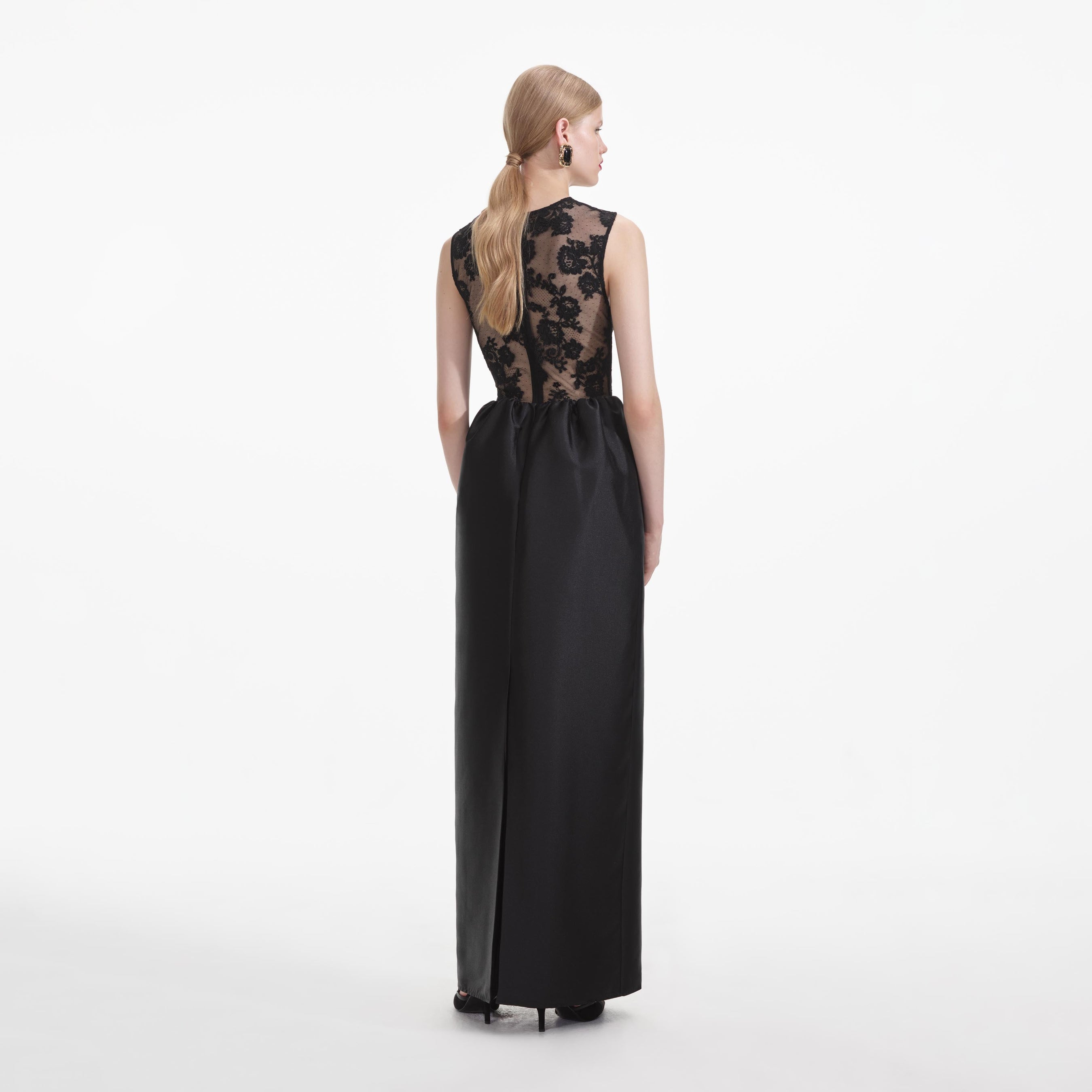 Black Lace Taffeta Maxi Dress