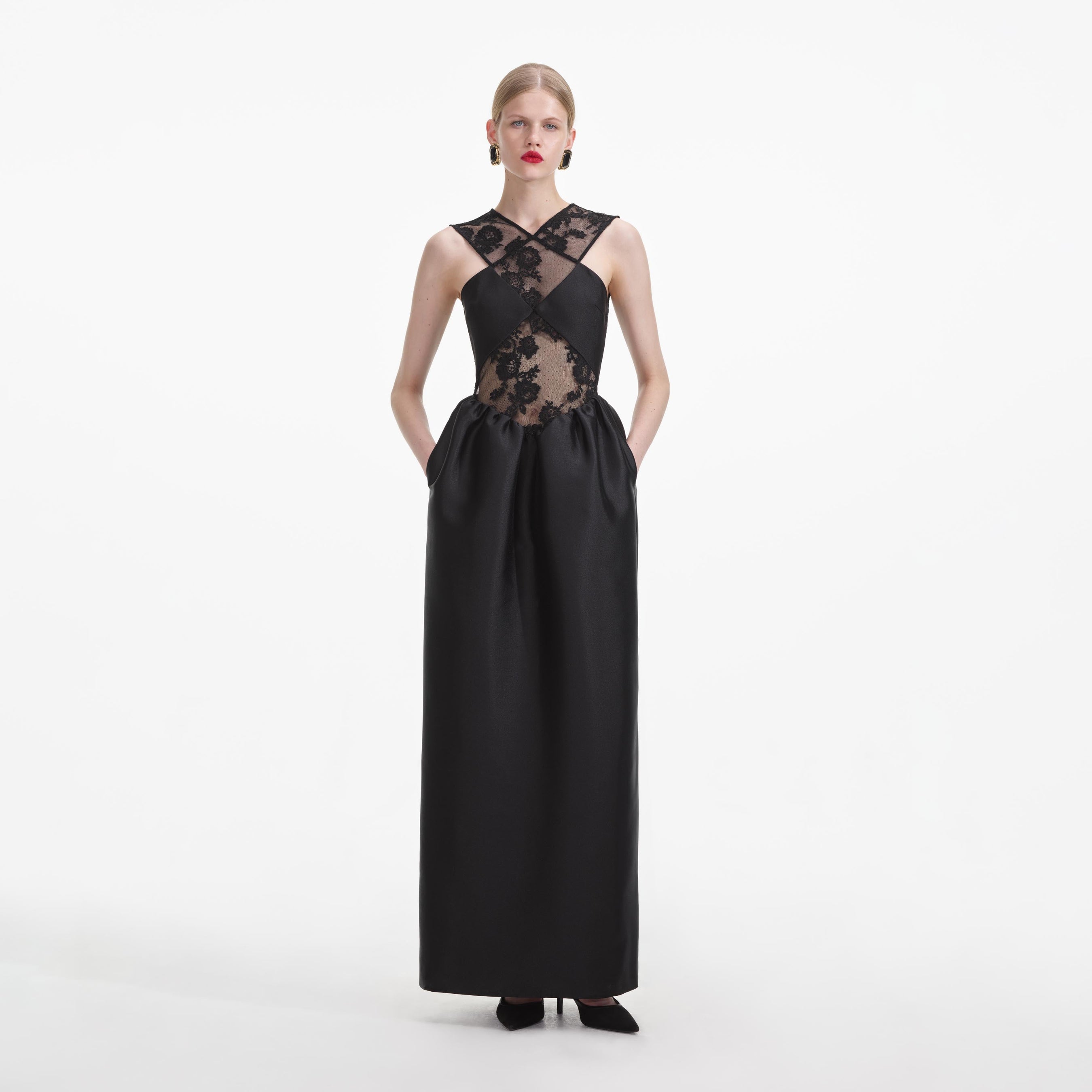 Black Lace Taffeta Maxi Dress