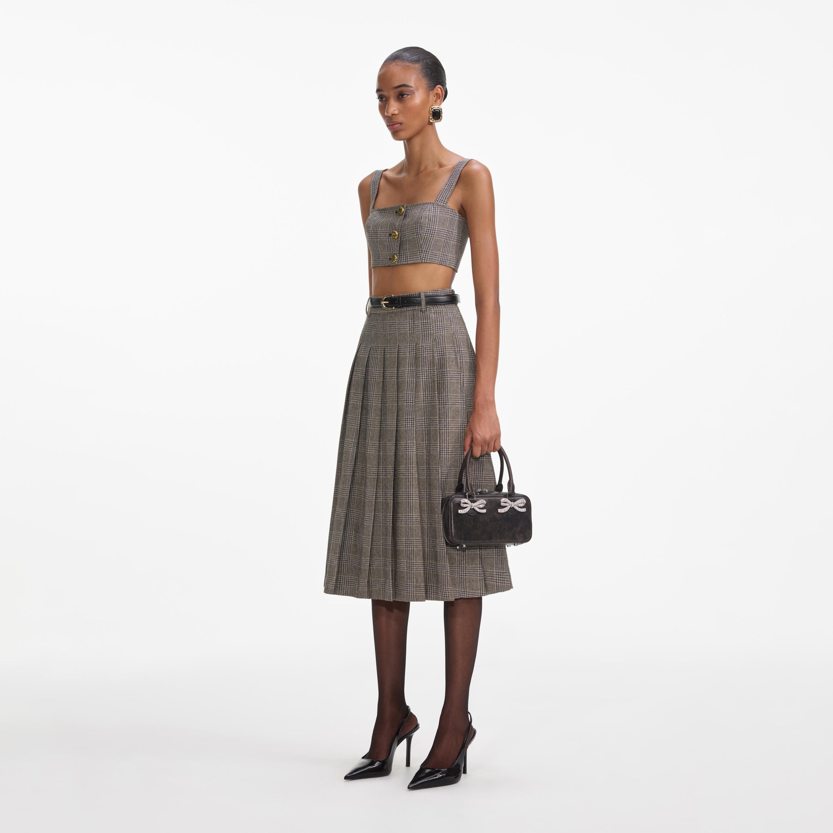 Brown Check Pleated Midi Skirt