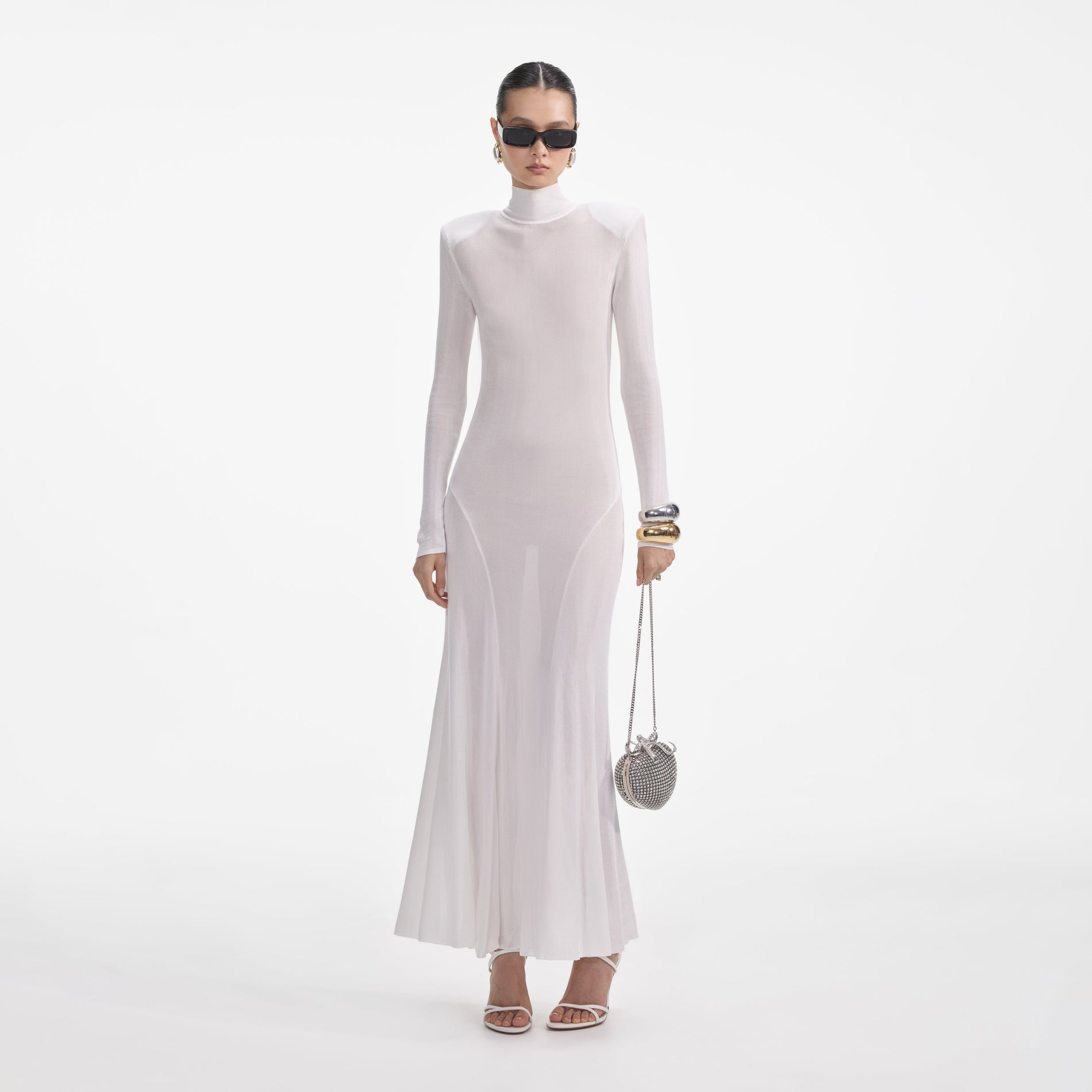 Front view of a woman wearing the White Viscose Knit Maxi Dress