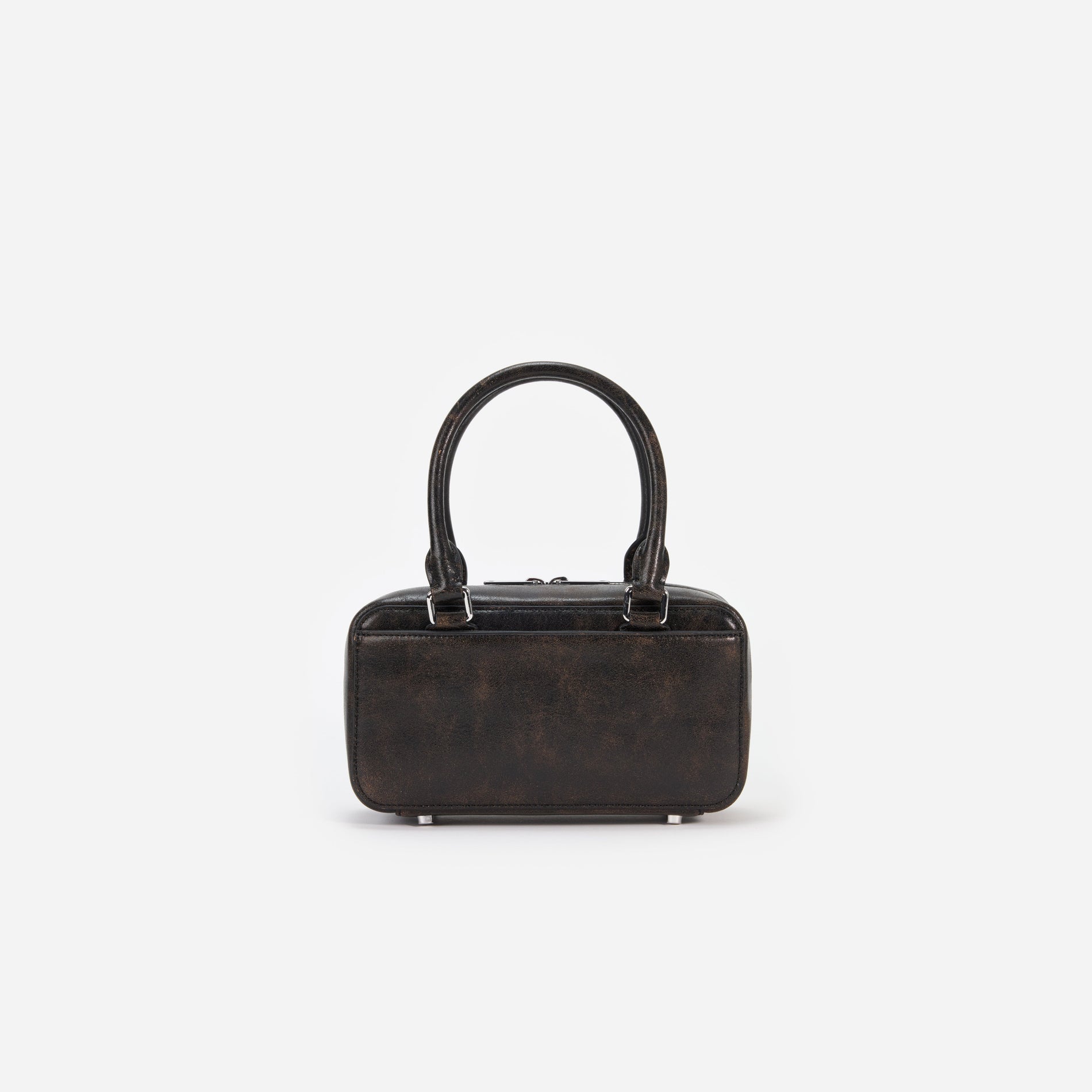 Back view of a woman wearing the Black Distressed Leather Mini Tote Bag