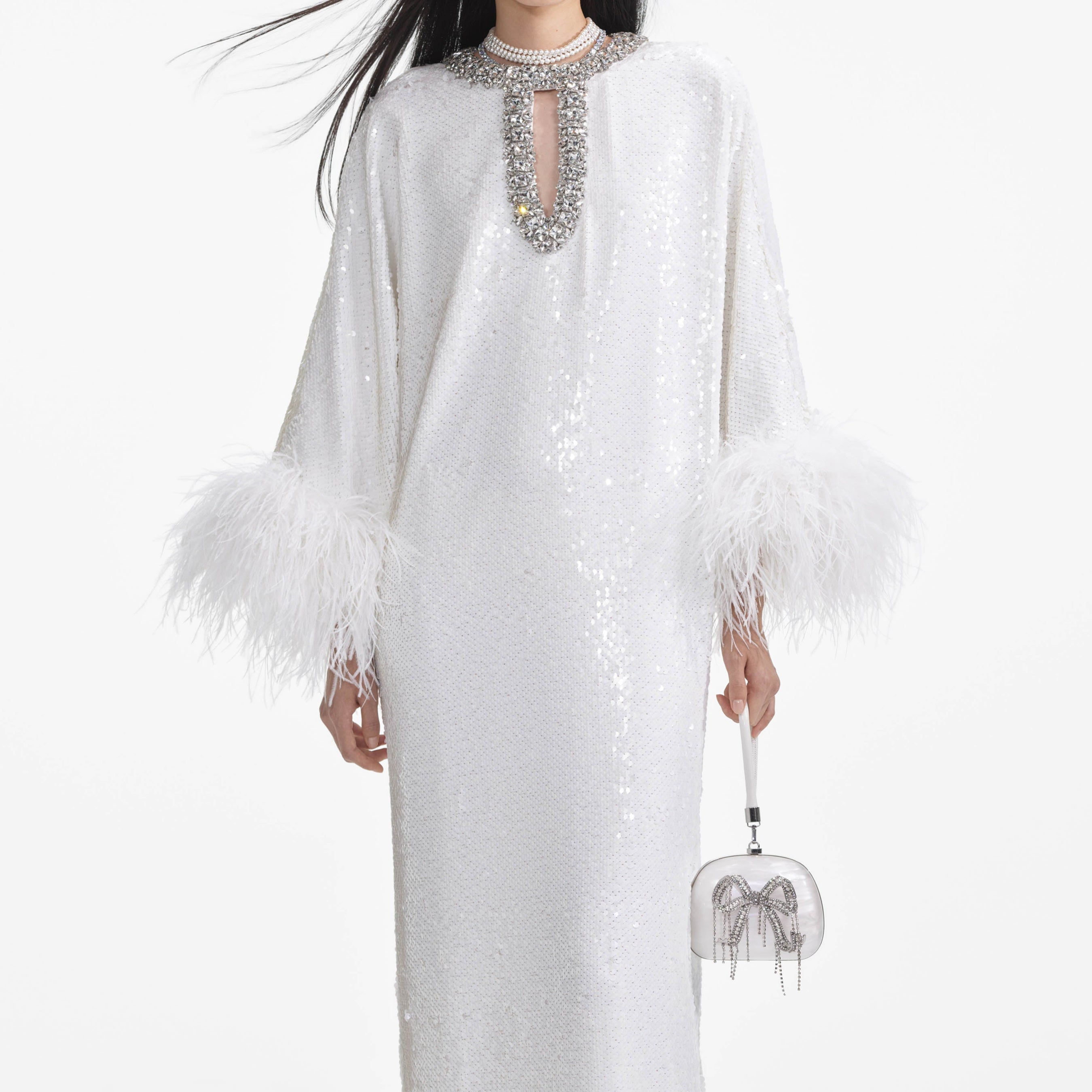 White Sequin Feather Maxi Dress