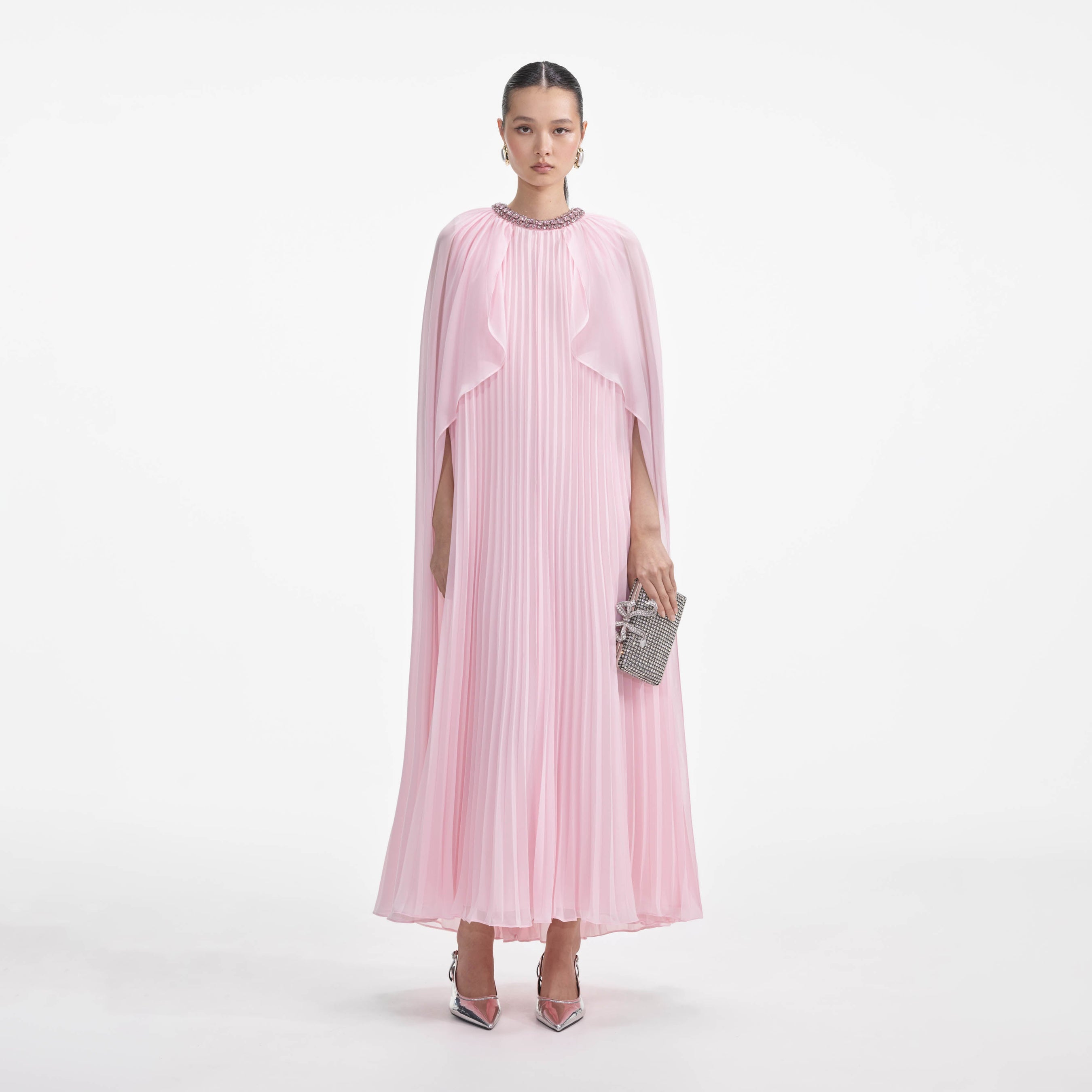 Pink Chiffon Cape Midi Dress