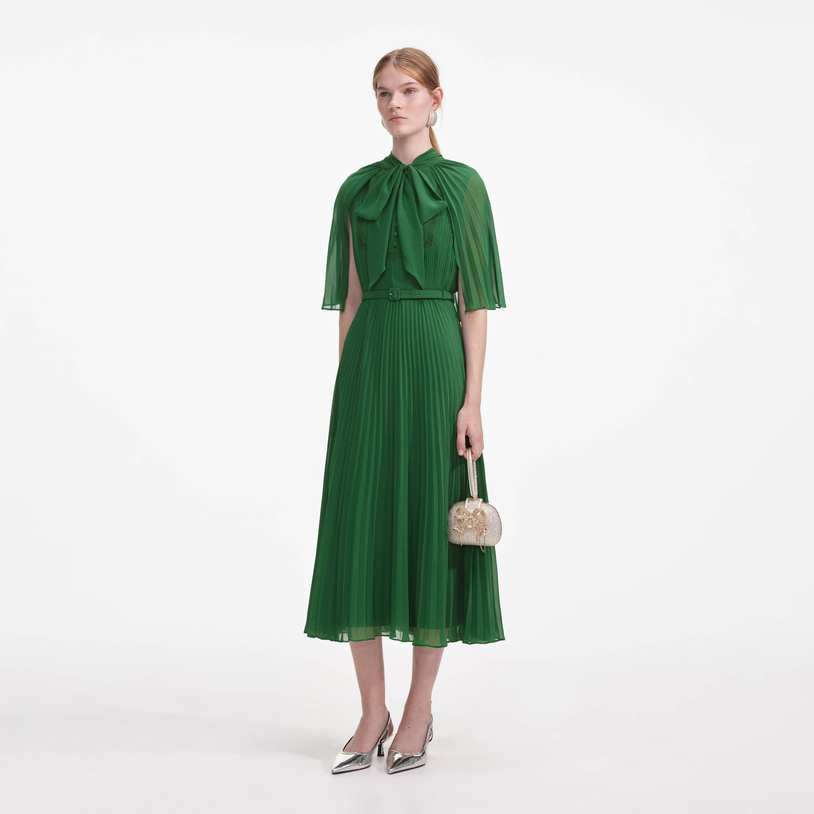 Green Chiffon Cape Midi Dress