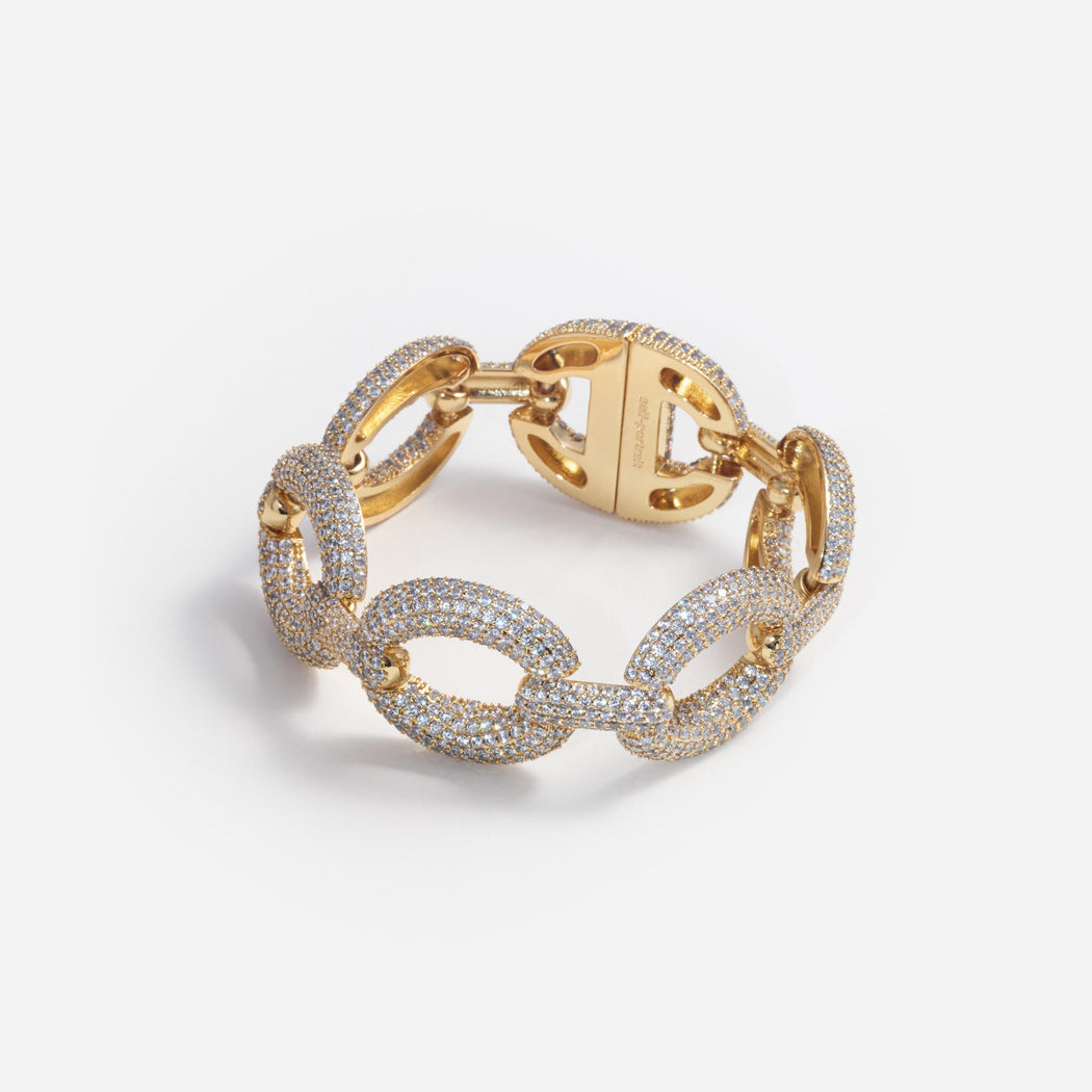 Front view of a woman wearing the Gold Crystal Link Bracelet