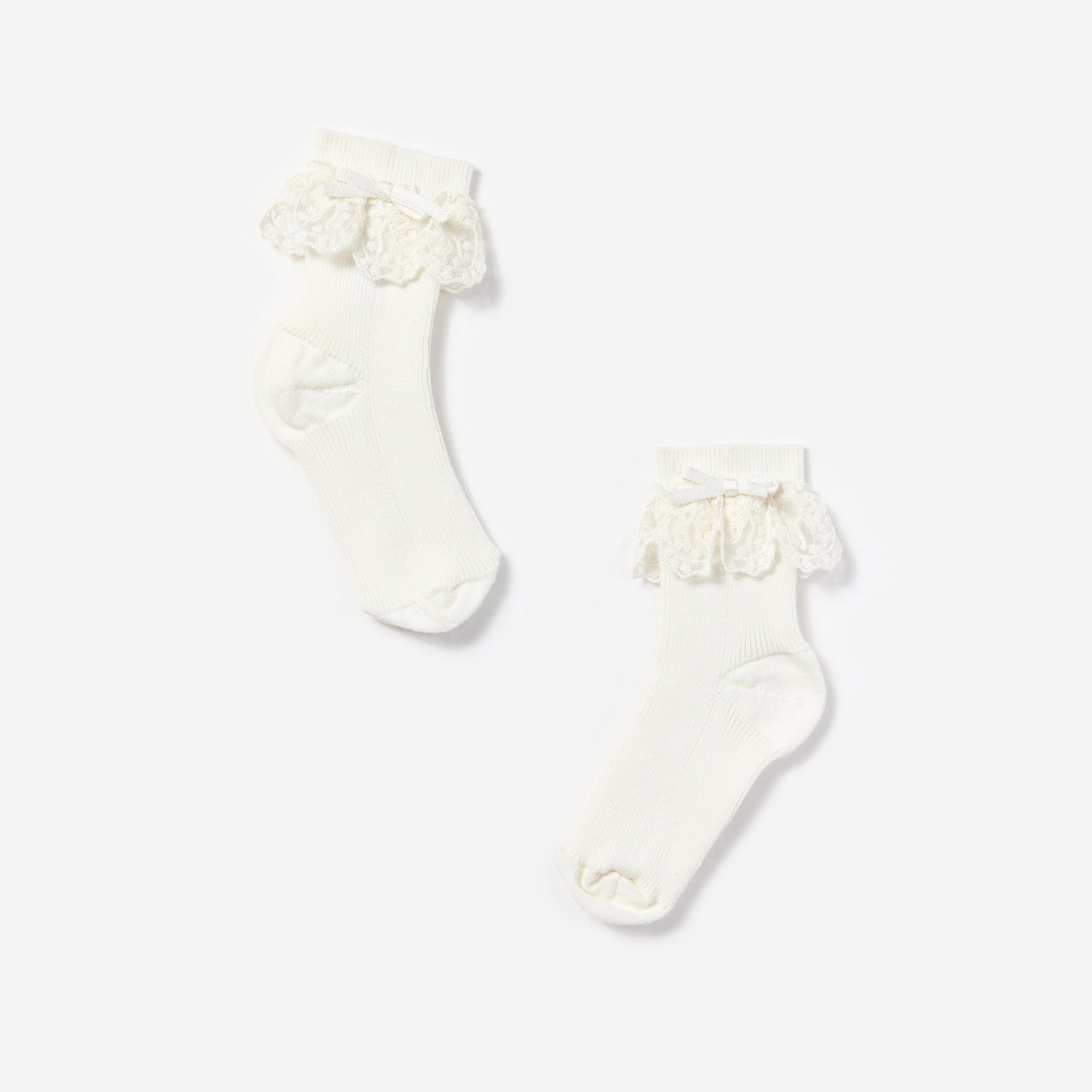 A close up of a woman wearing the Lace Trim Bow Socks