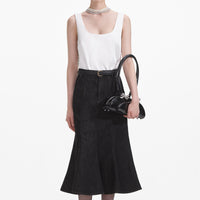 Black Flared Denim Midi Skirt