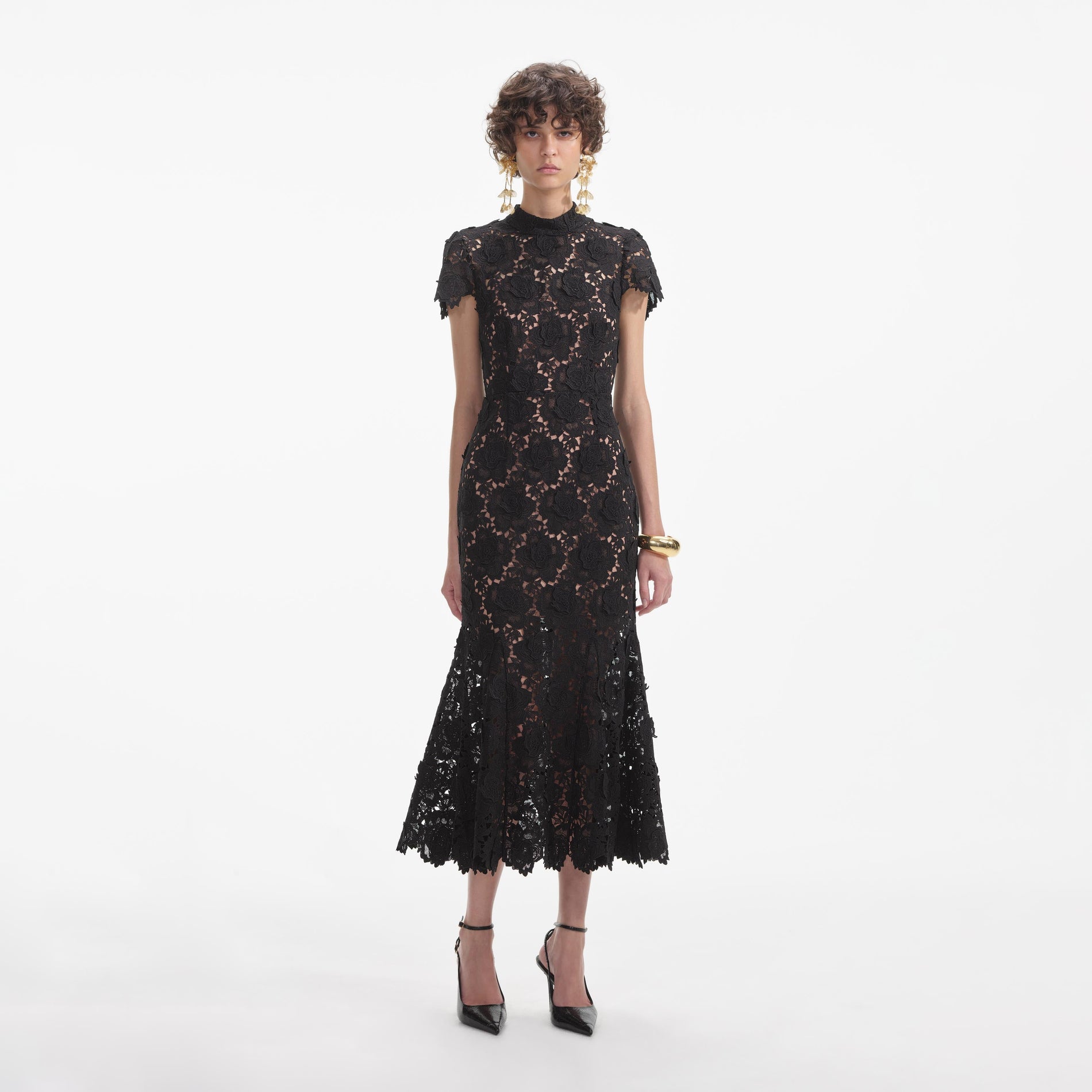 Front view of a woman wearing the Black Flower Lace Midi Dress