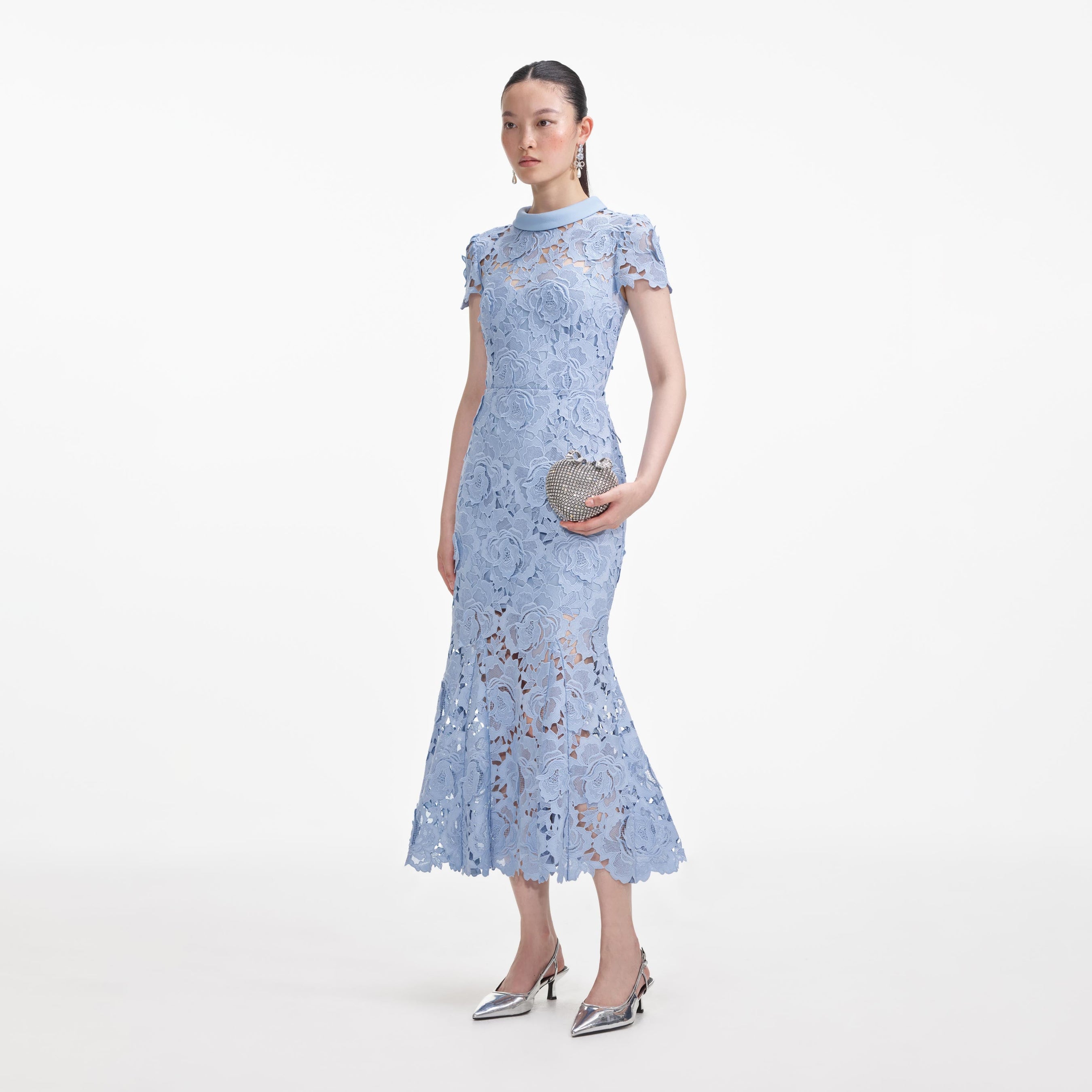 Blue Flower Lace Contrast Collar Midi Dress