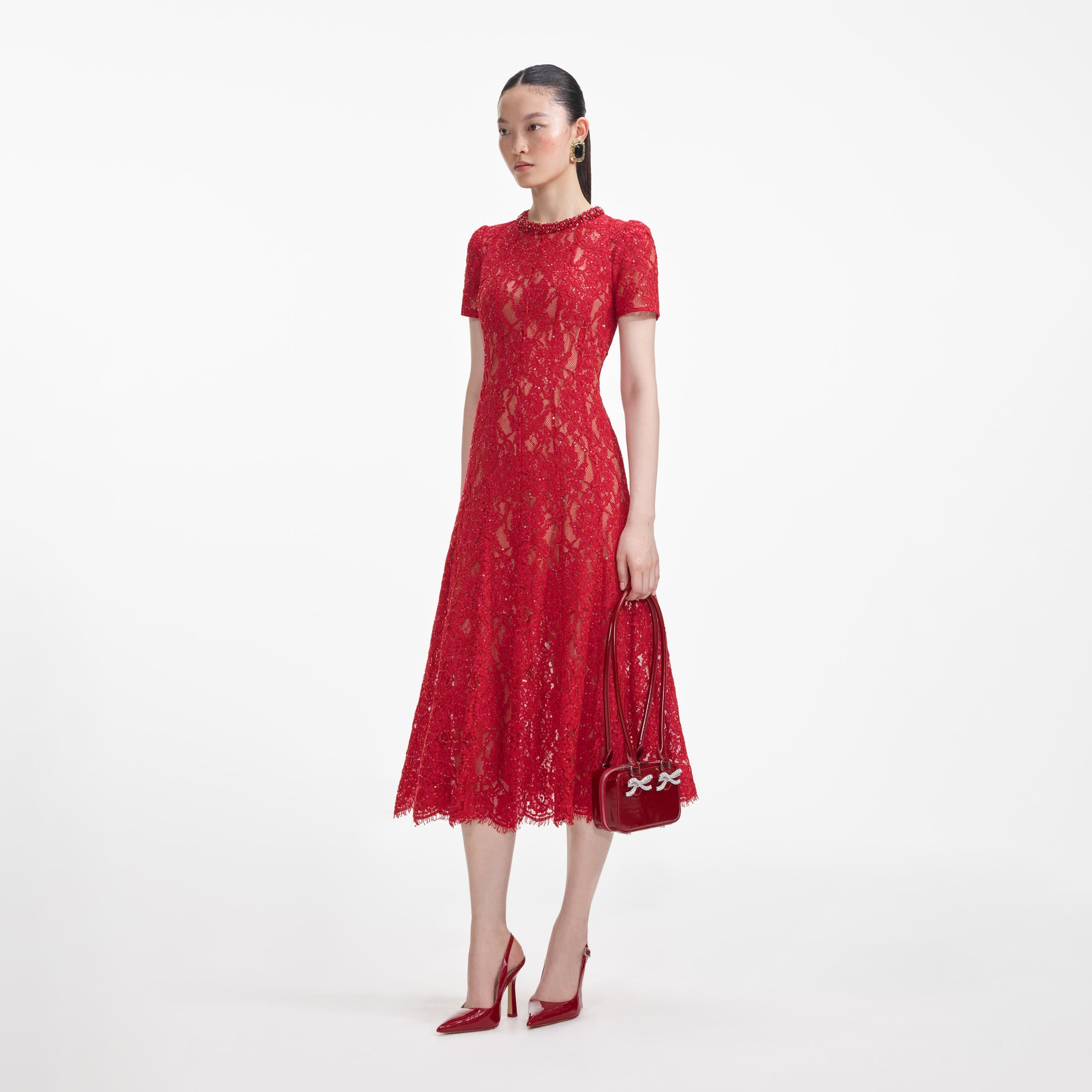 Red Sequin Lace Midi Dress