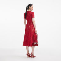 Red Sequin Lace Midi Dress