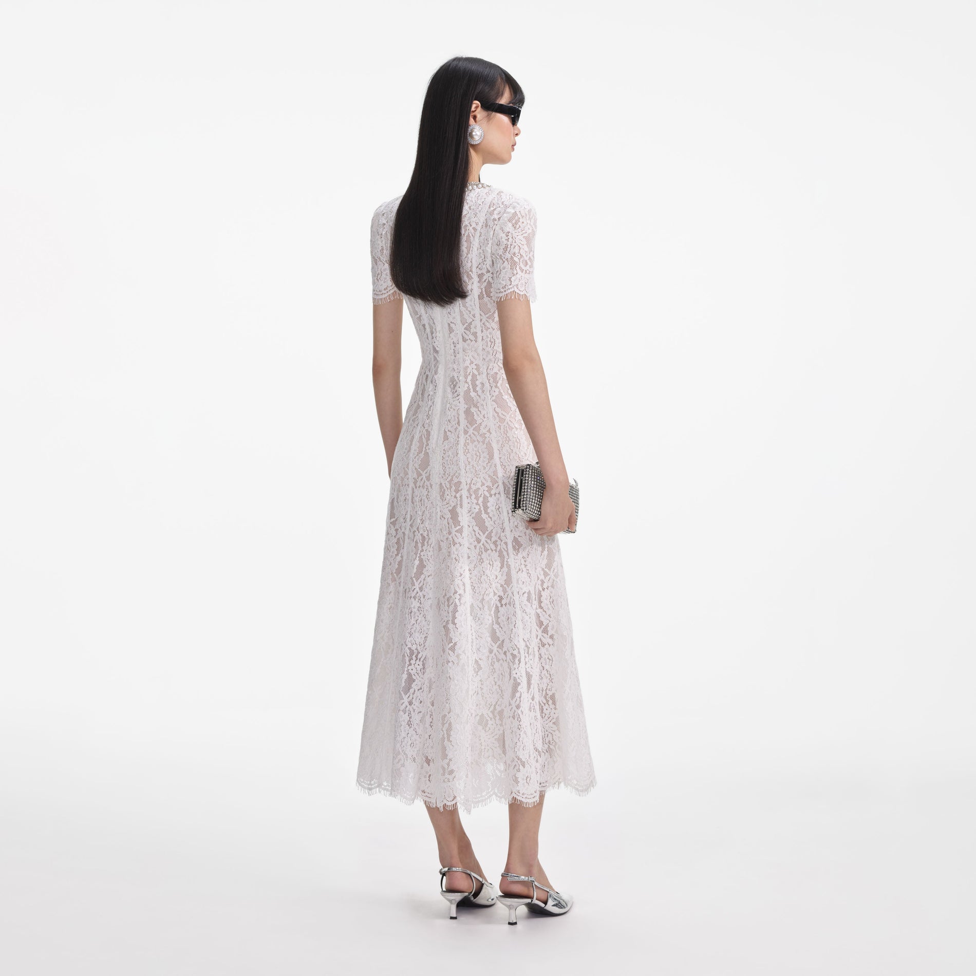 White Sequin Lace Embellished Midi Dress
