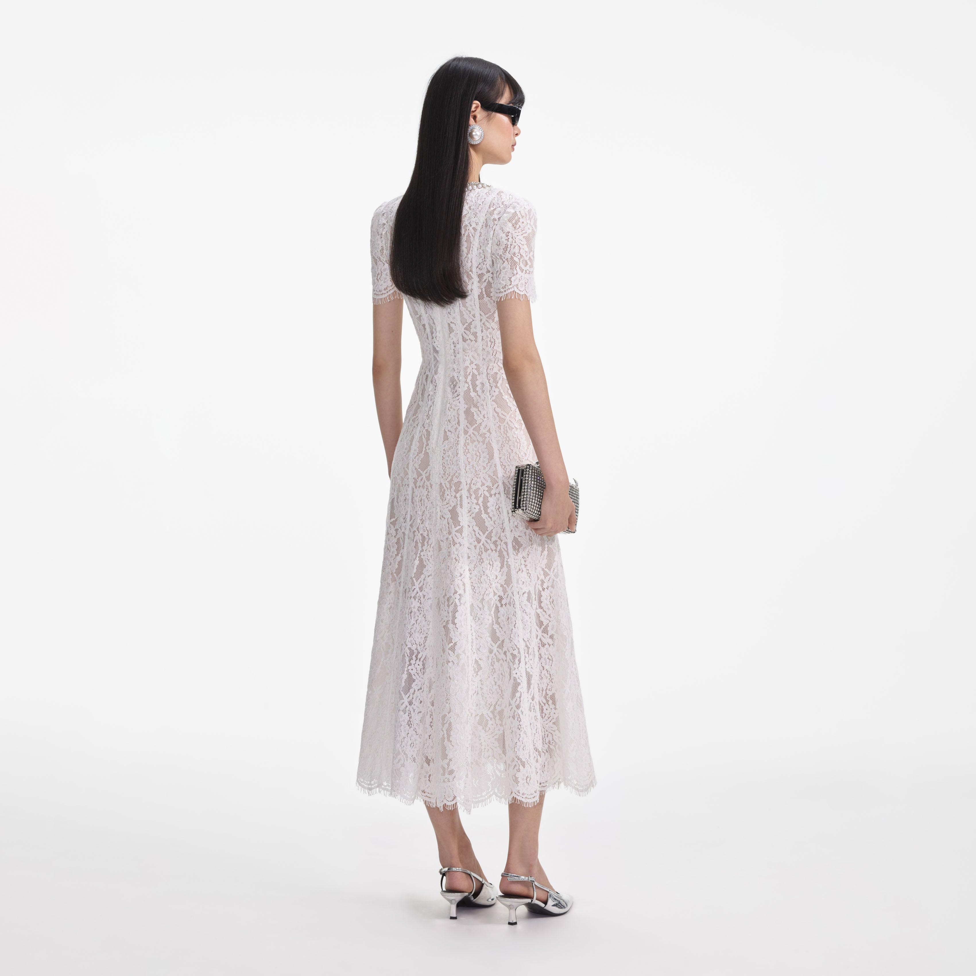 White Sequin Lace Embellished Midi Dress