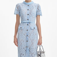 Blue Lace Button Midi Dress