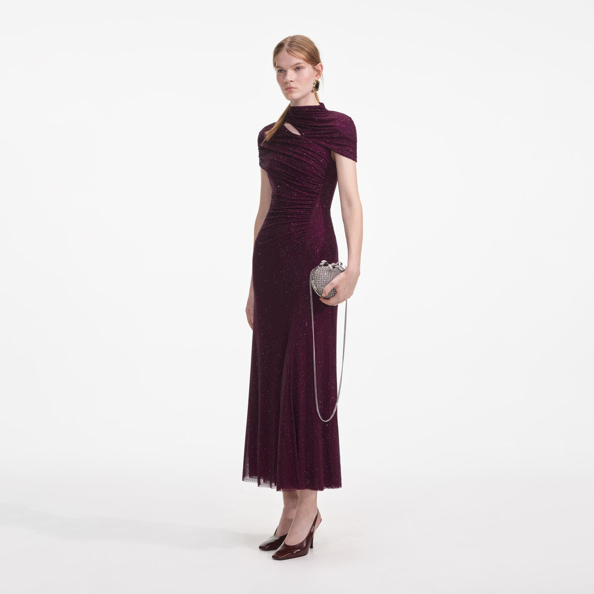 Burgundy Rhinestone Mesh Cut Out Midi Dress – self-portrait-EU