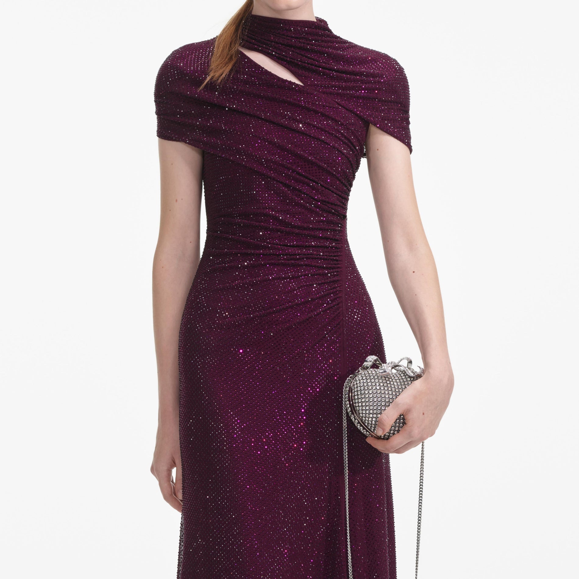 A close up of a woman wearing the Burgundy Rhinestone Mesh Cut Out Midi Dress