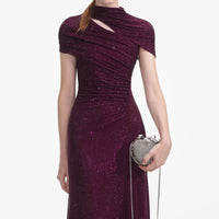 Burgundy Rhinestone Mesh Cut Out Midi Dress