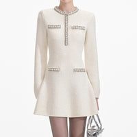 Cream Textured Knit Embellished Mini Dress