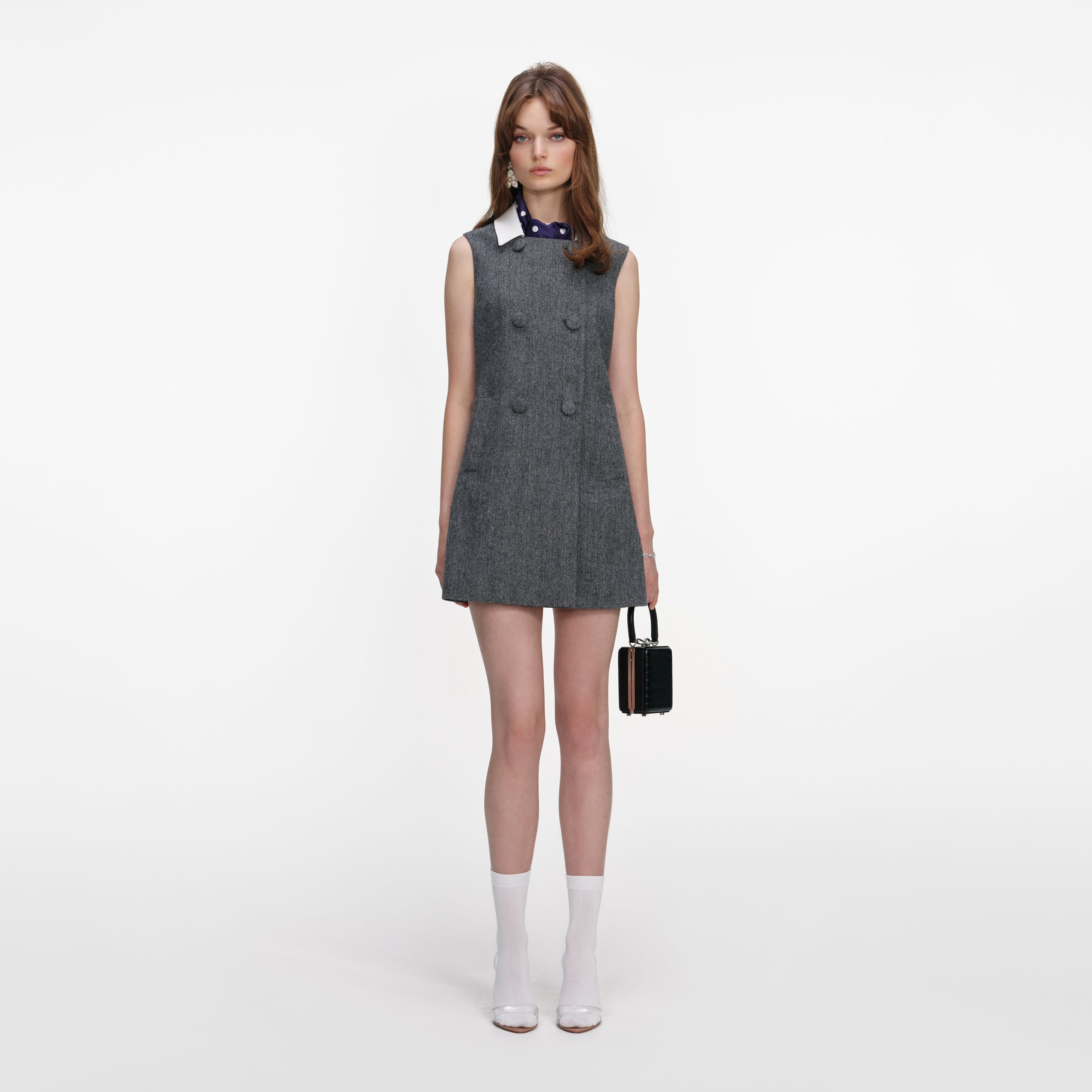 Grey Herringbone Scarf Detail Mini Dress