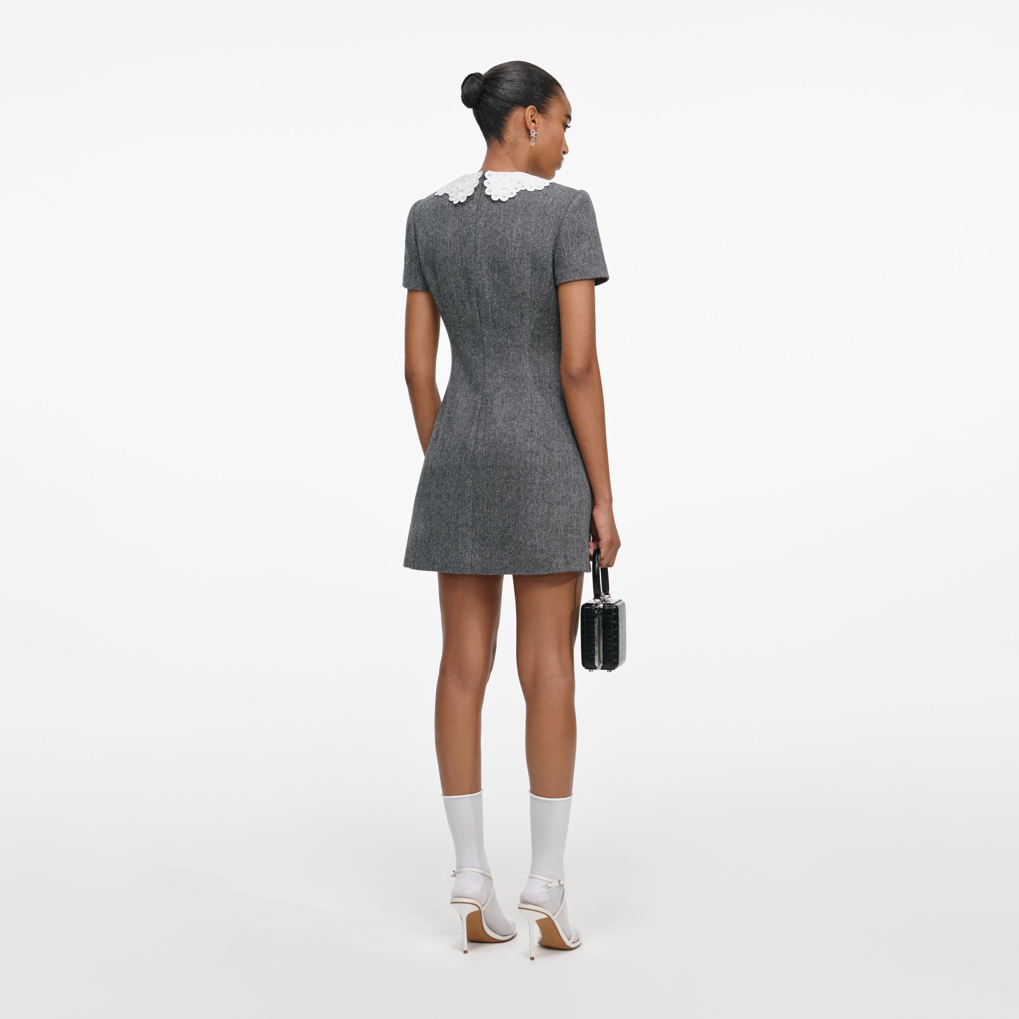 Grey Herringbone Collared Mini Dress