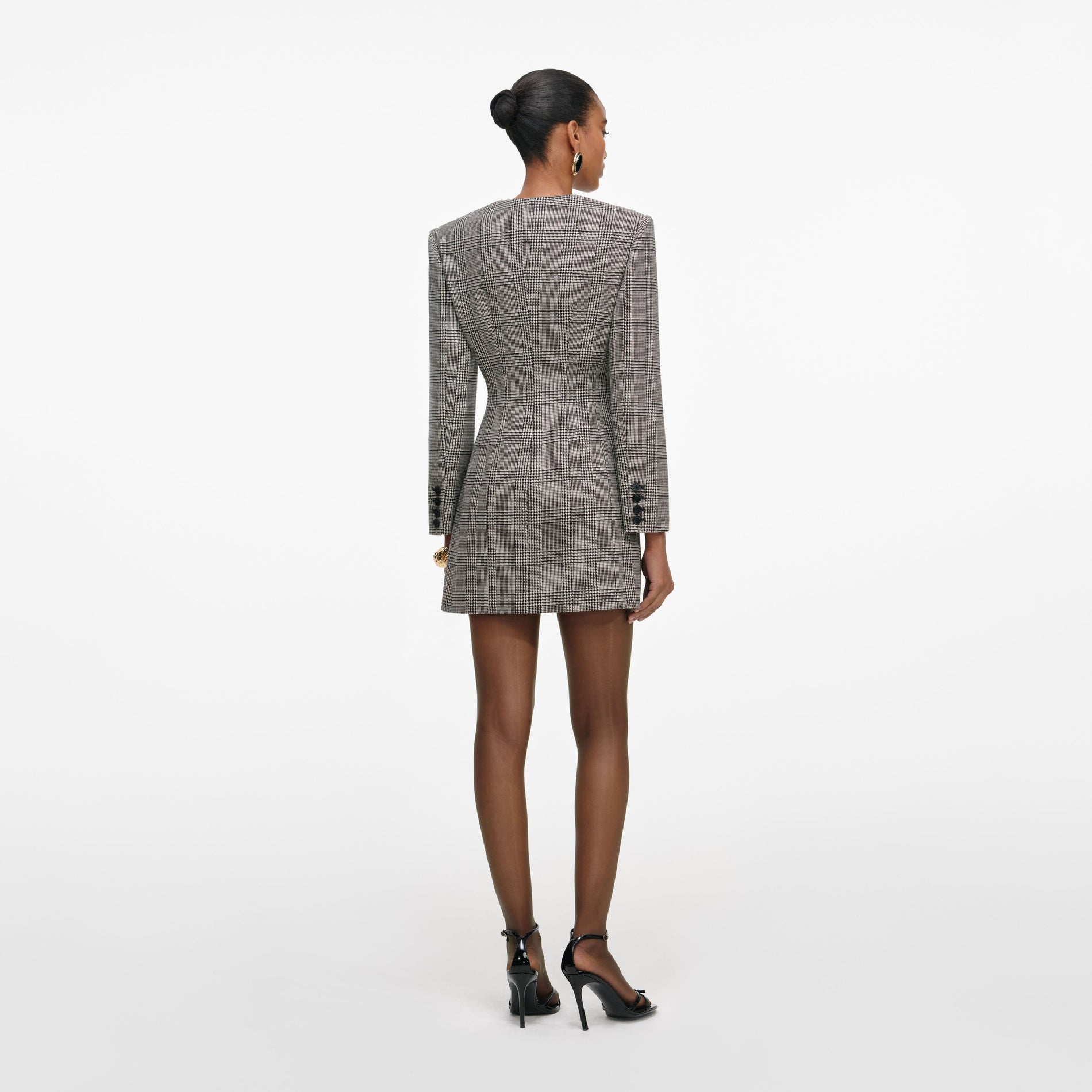 Back view of a woman wearing the Check Blazer Mini Dress