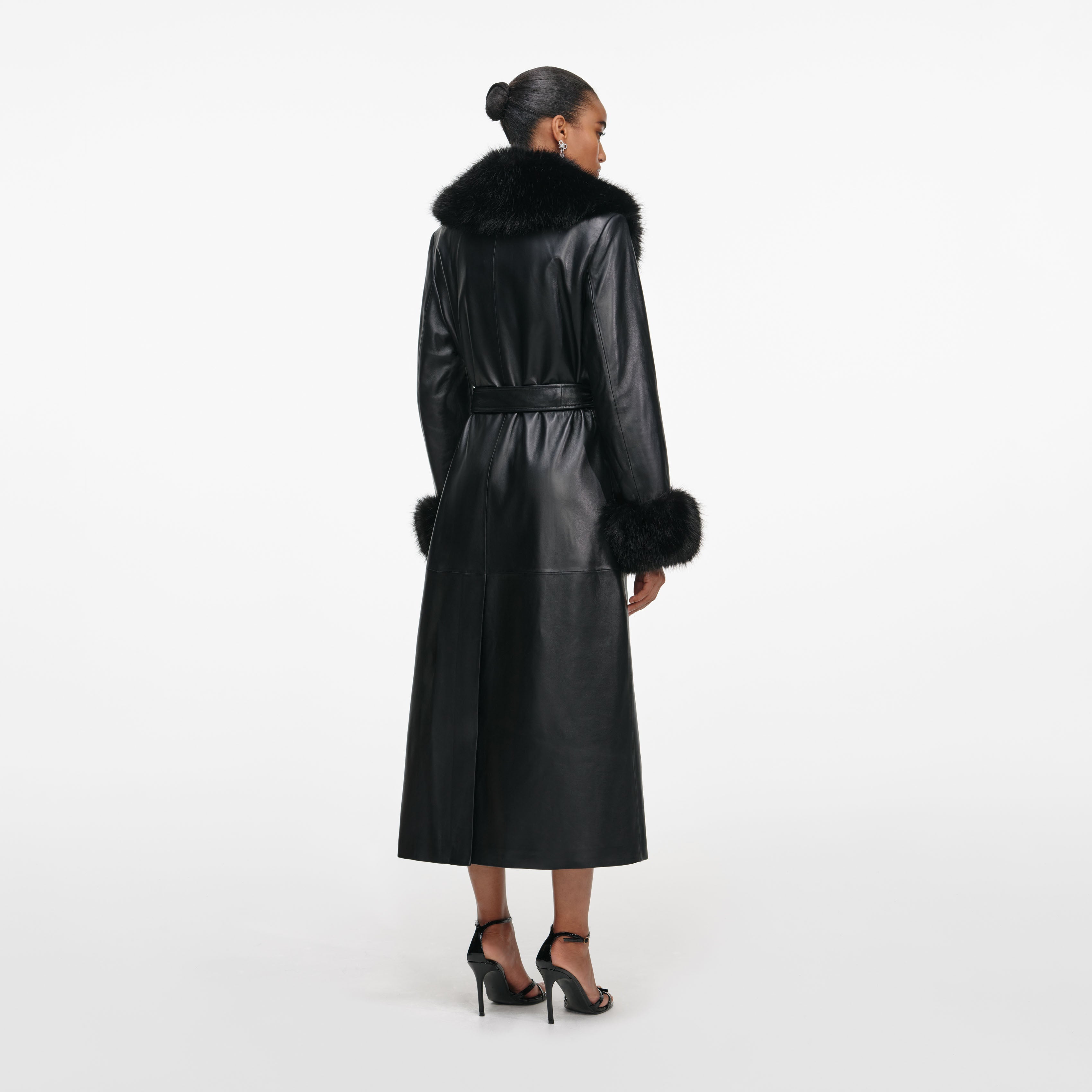 Black Leather Faux Fur Collared Coat