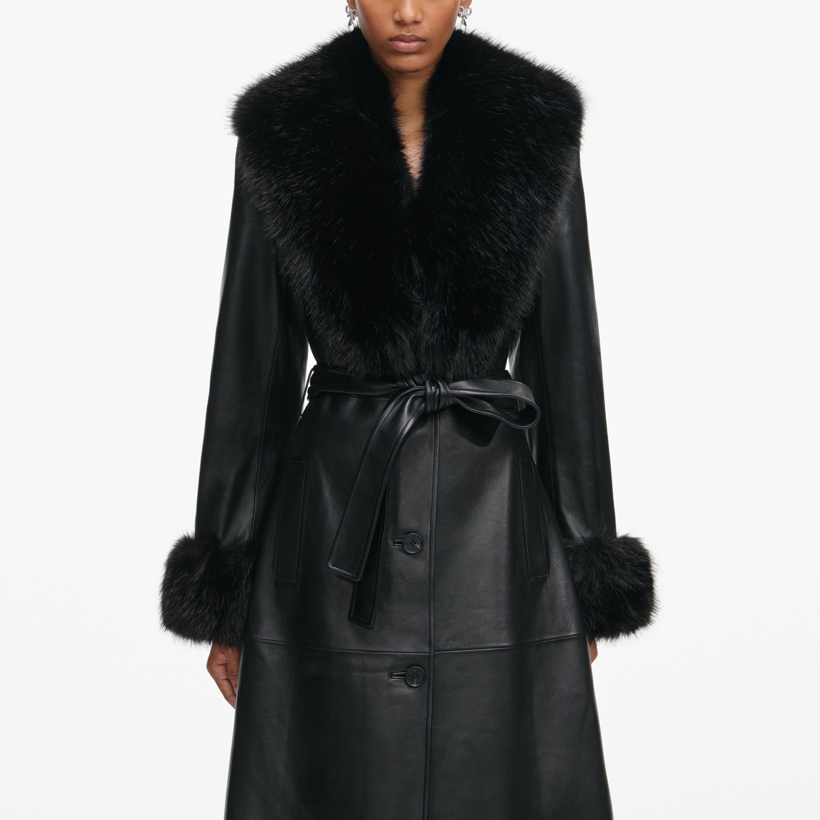 Black Leather Faux Fur Collared Coat