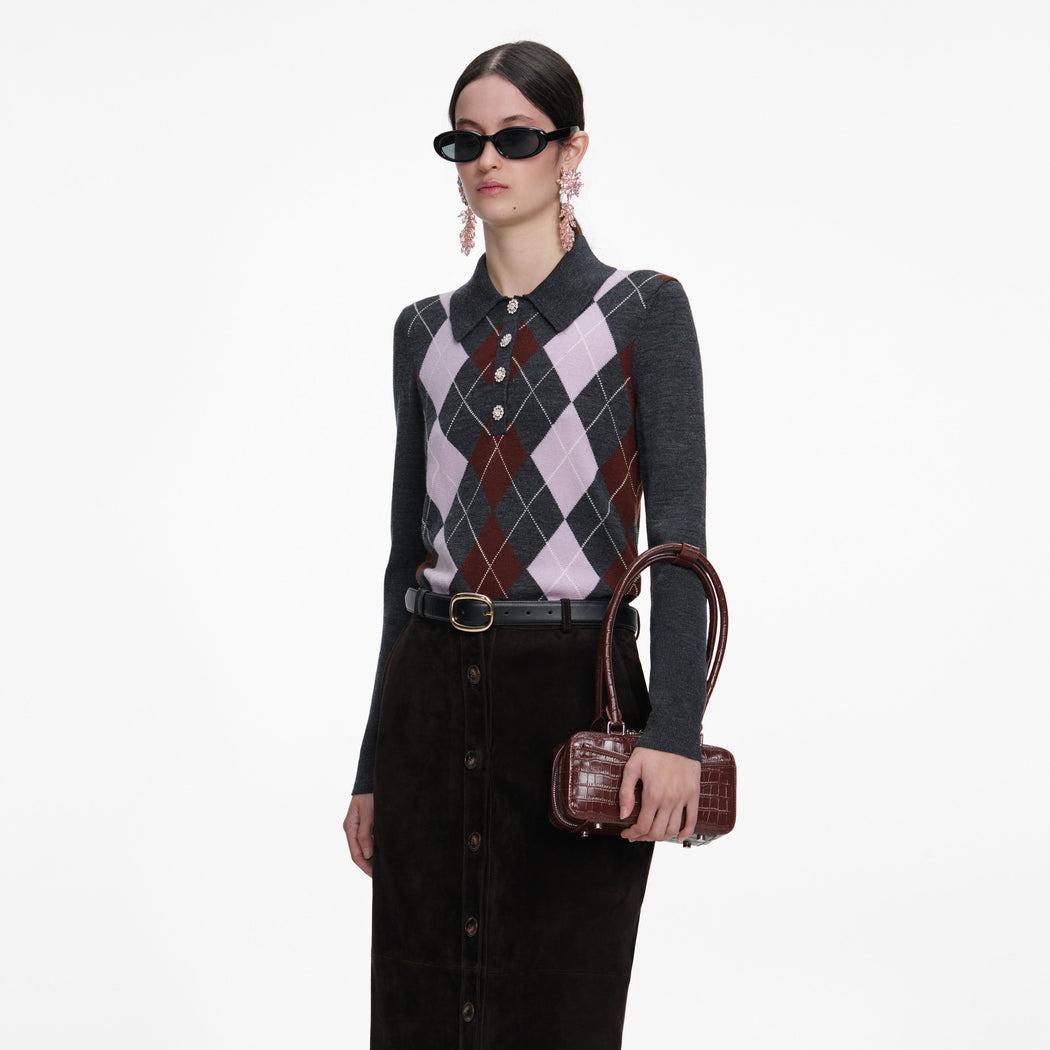 Brown Croc Leather Mini Shoulder Bag
