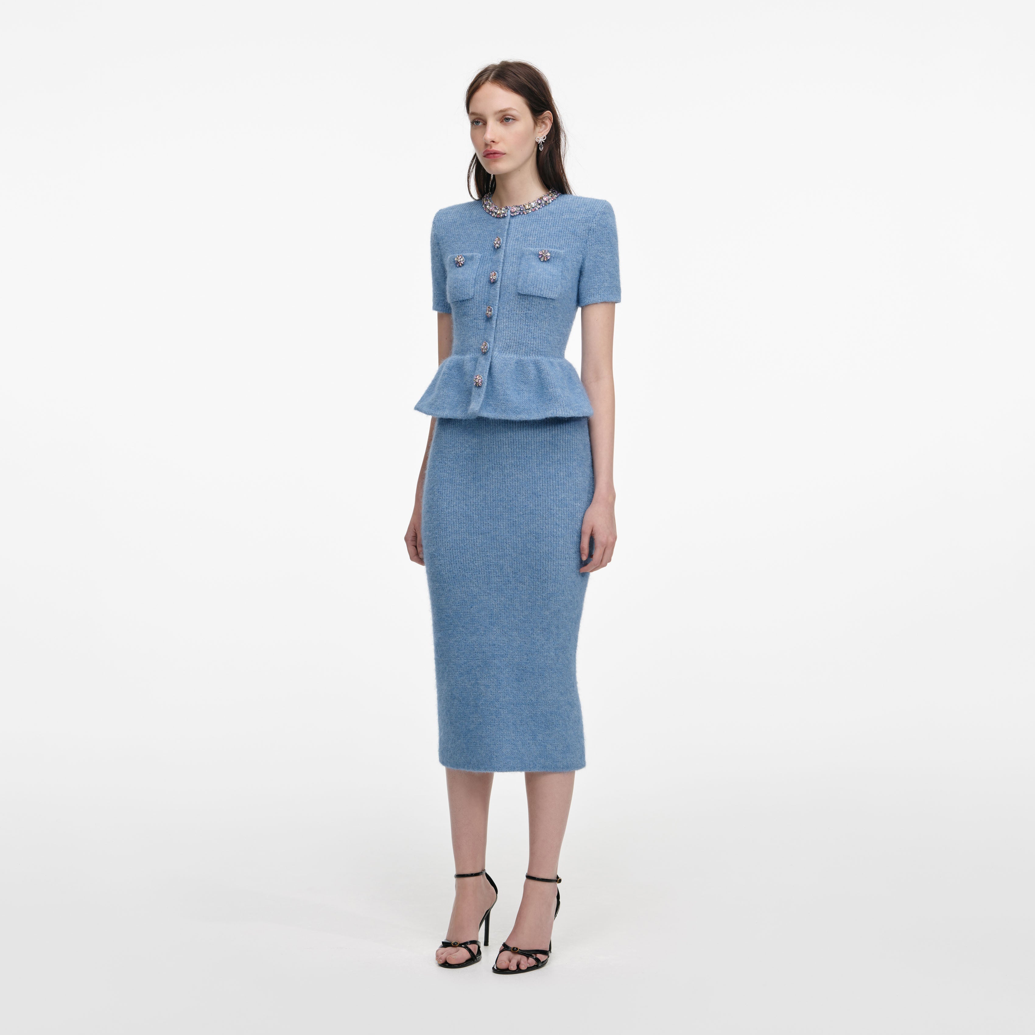 Blue Peplum Knit Midi Dress – self-portrait-EU