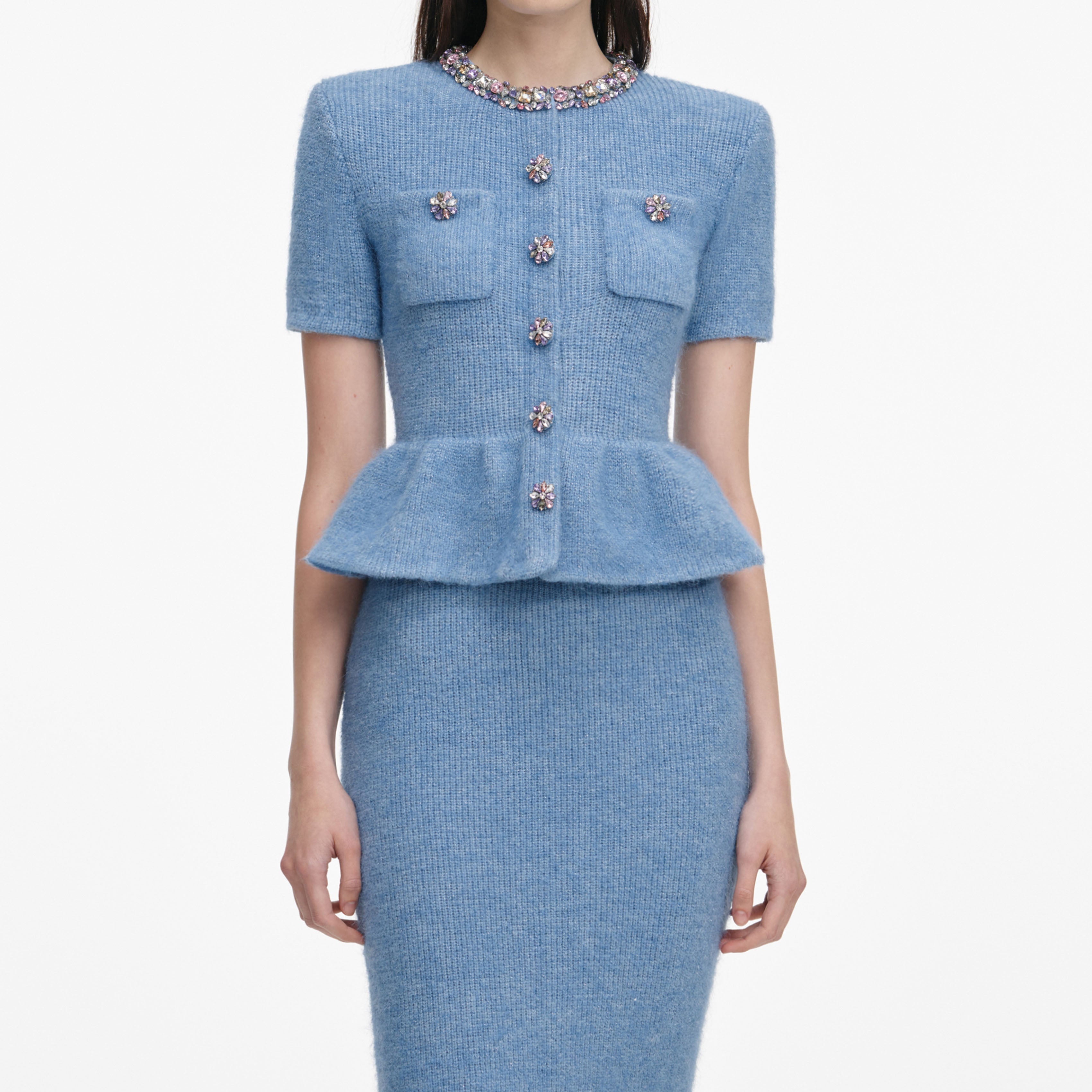 Blue Peplum Knit Midi Dress – self-portrait-EU