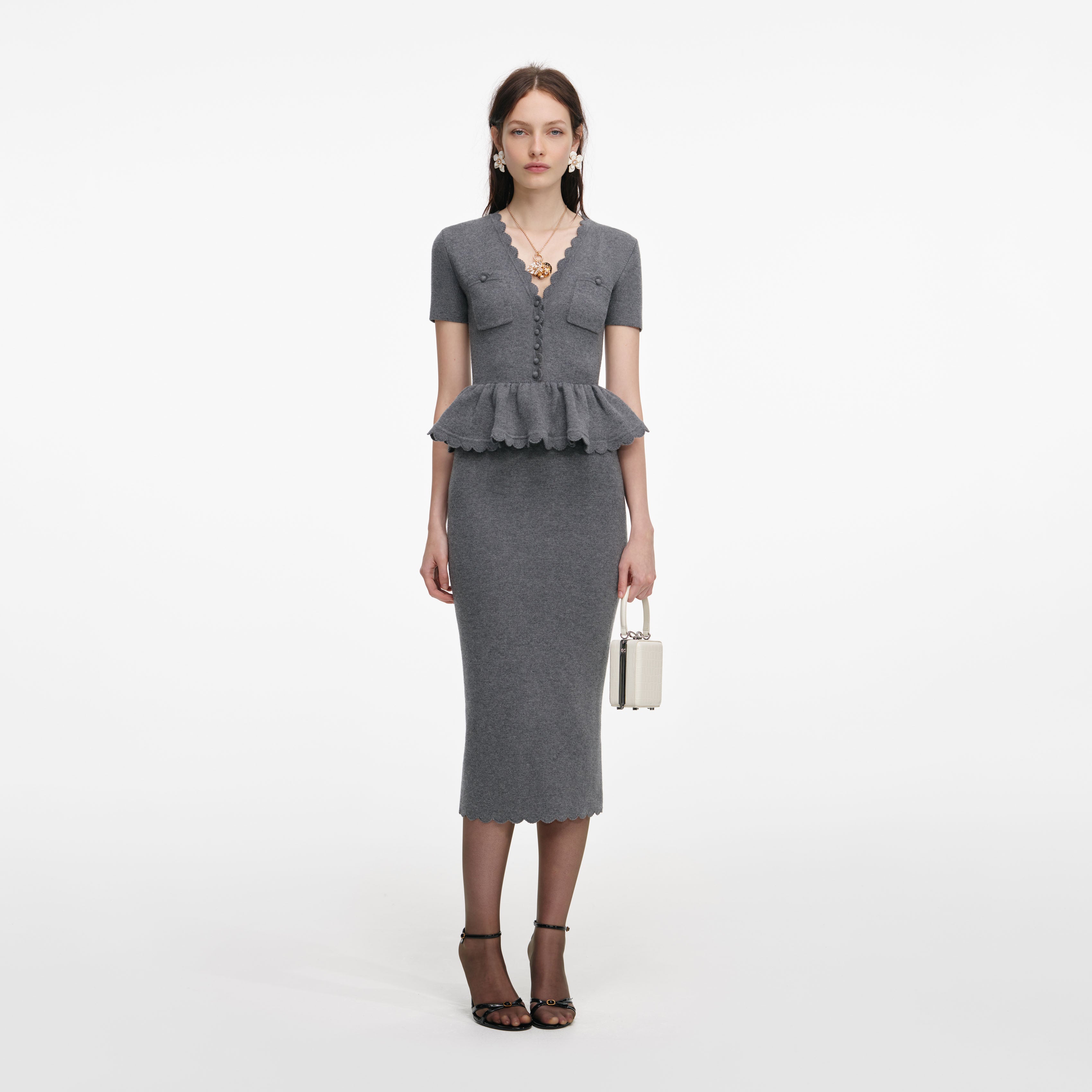 Grey Peplum Knit Midi Dress
