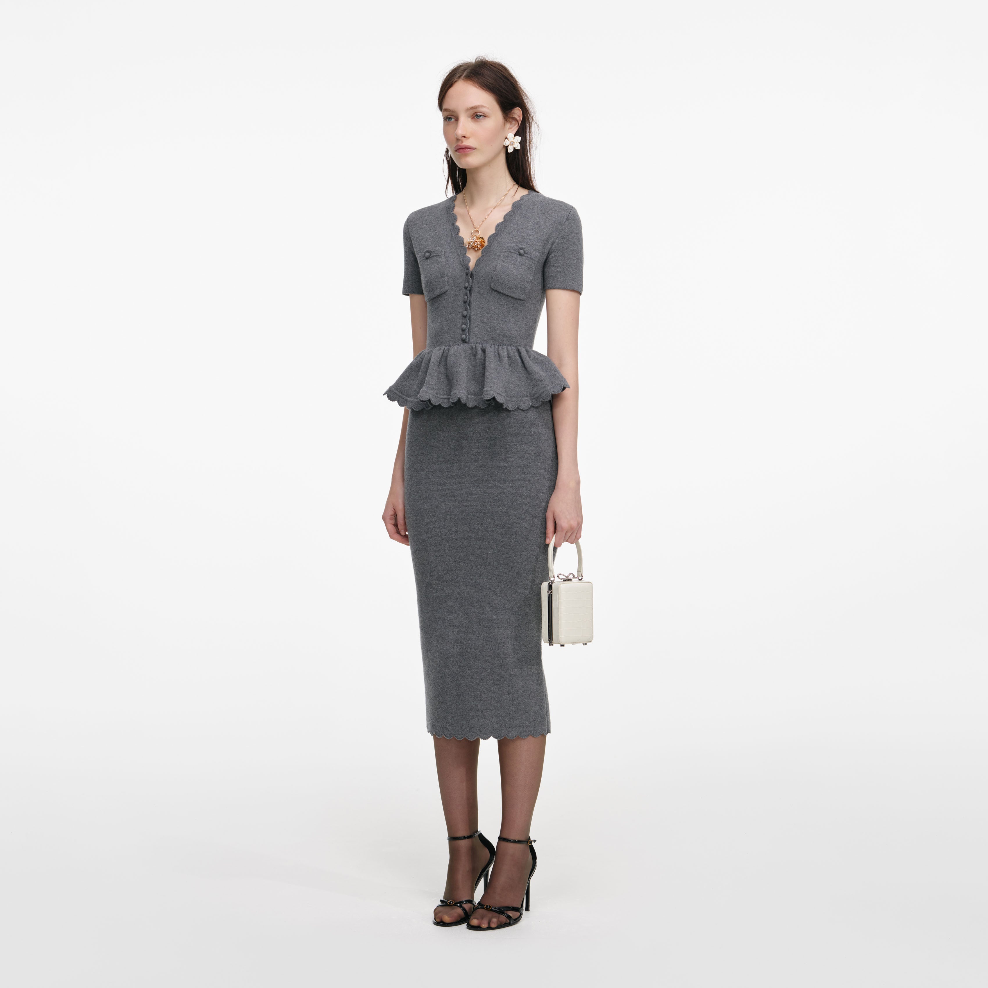 Grey Peplum Knit Midi Dress