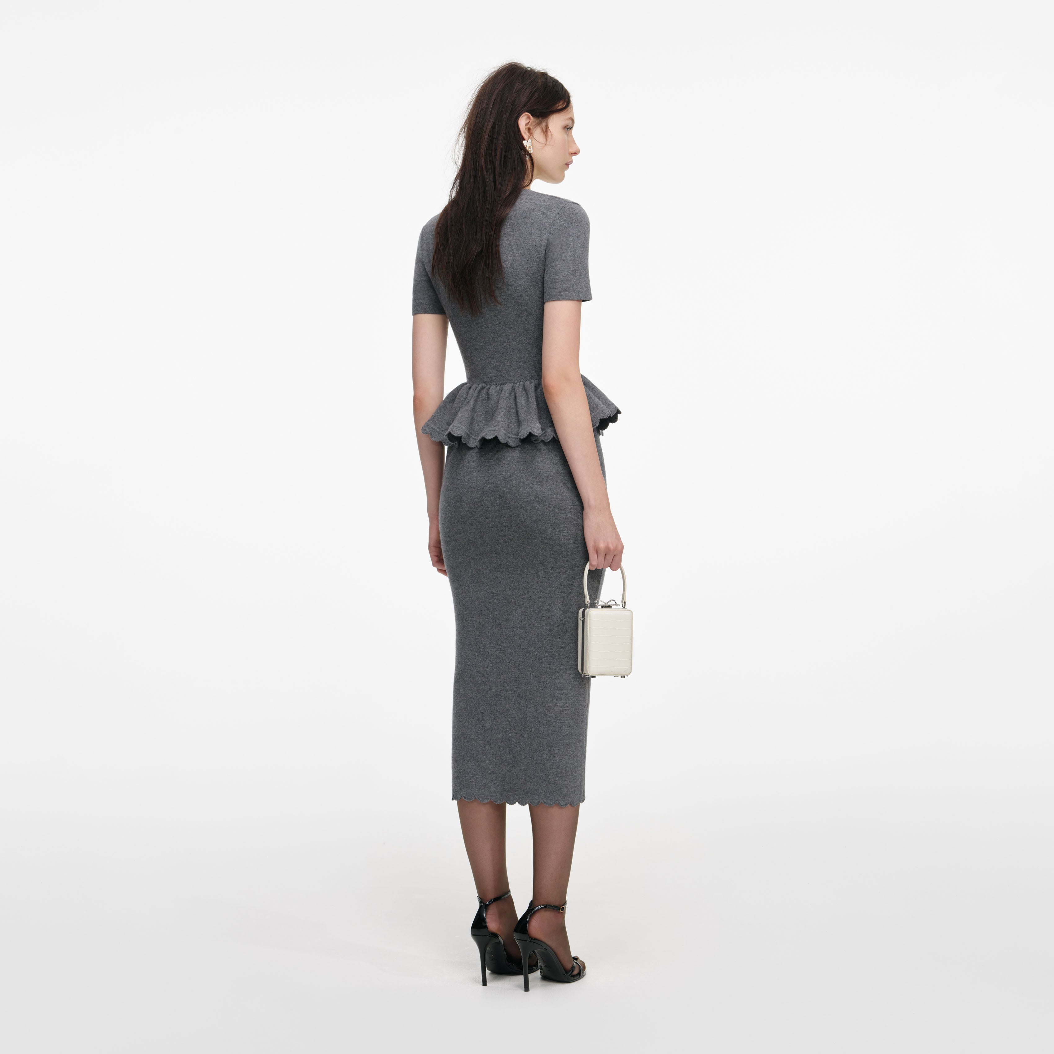 Grey Peplum Knit Midi Dress