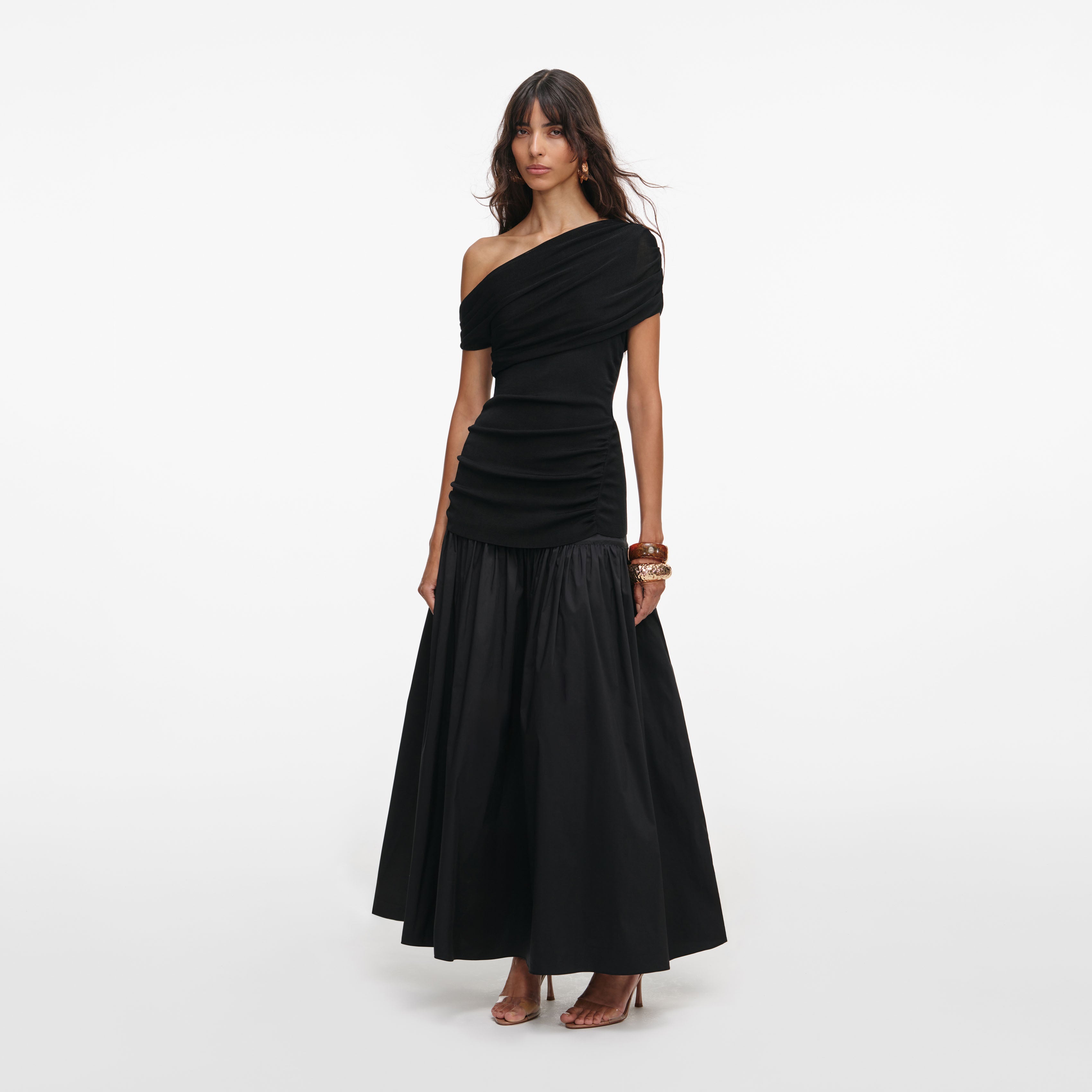 Black Cotton Draped Knit Midi Dress