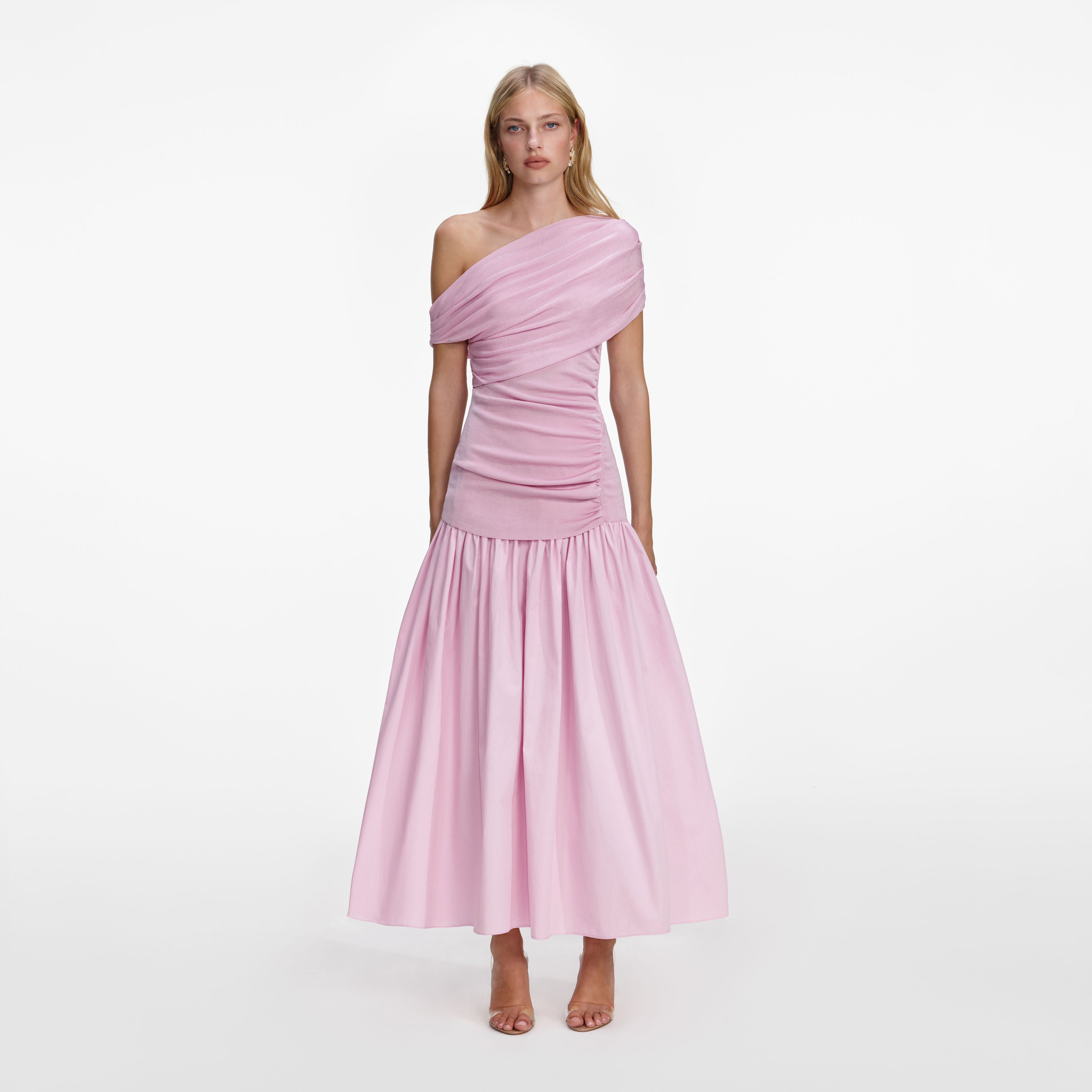 Pink Cotton Draped Knit Midi Dress