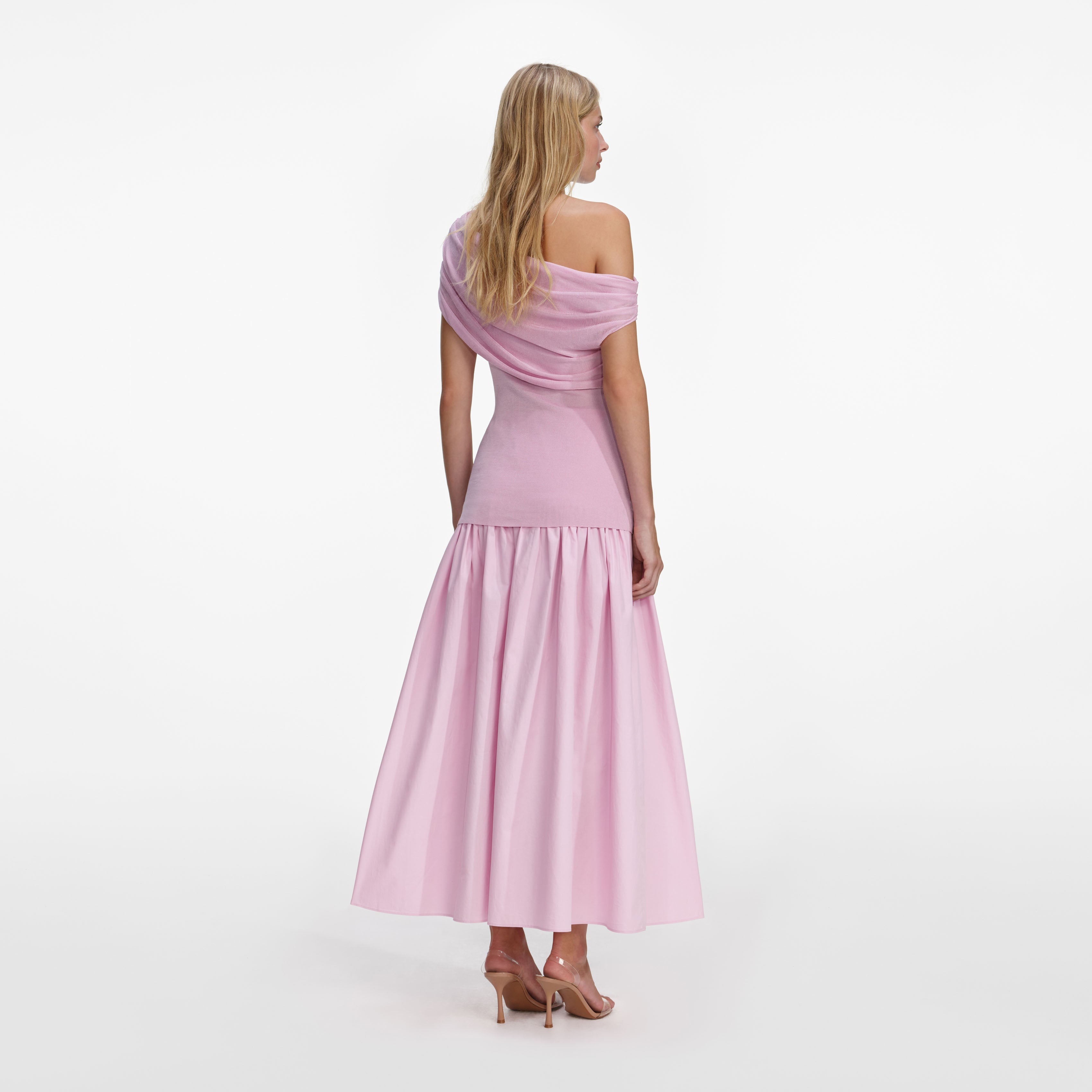 Pink Cotton Draped Knit Midi Dress