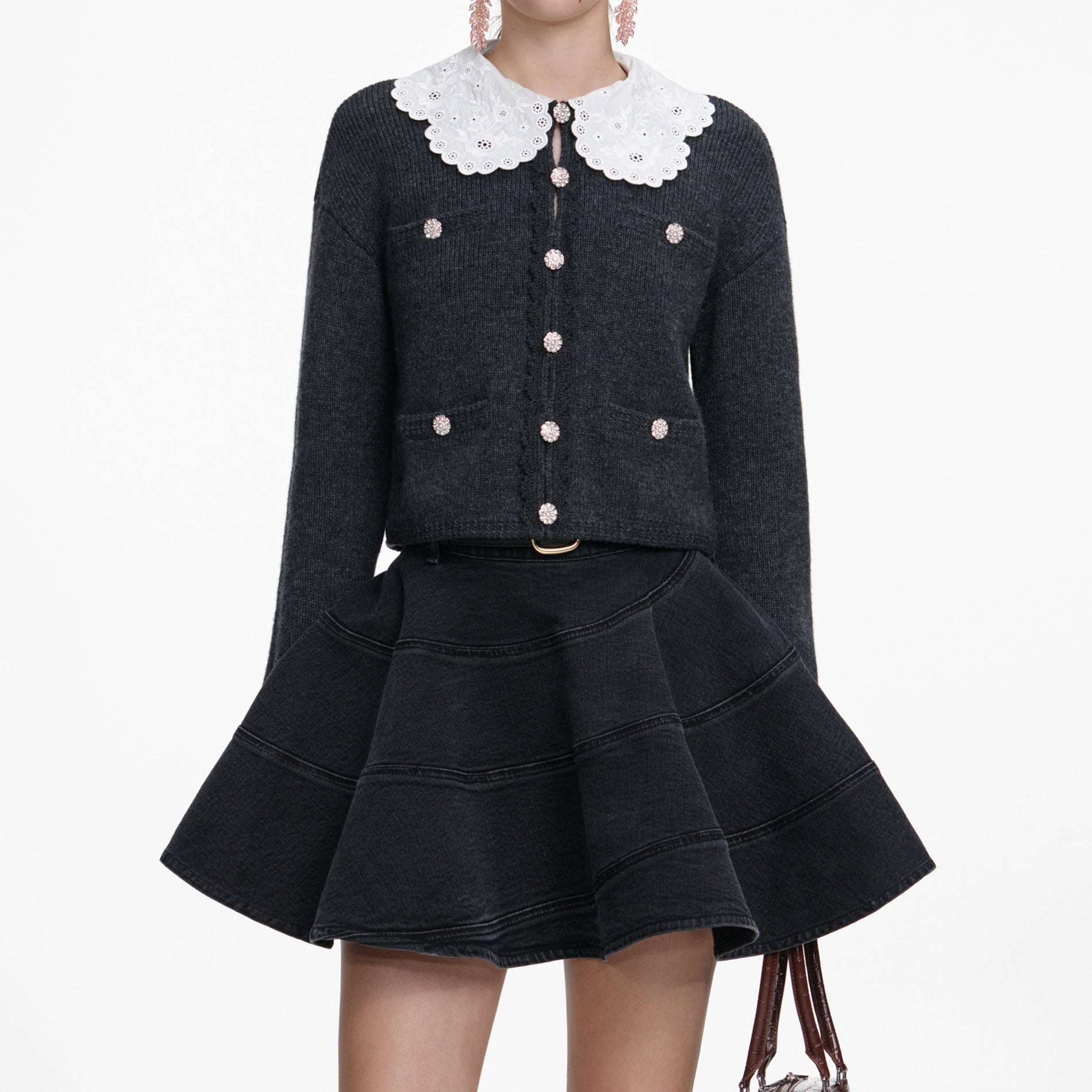 A close up of a woman wearing the Charcoal Lace Collar Cardigan